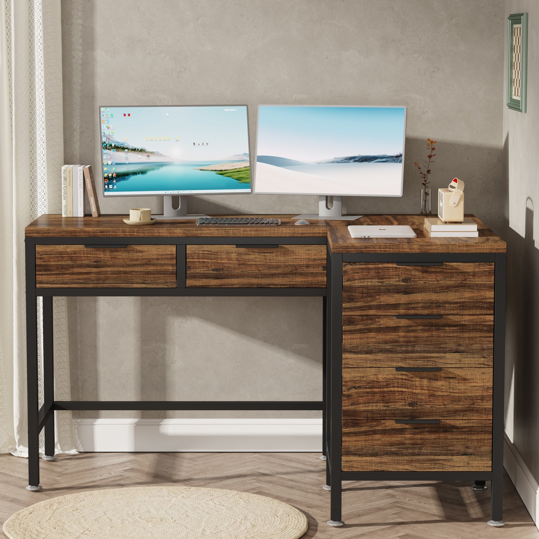 L-Shaped Desk with 6 Drawers, 47