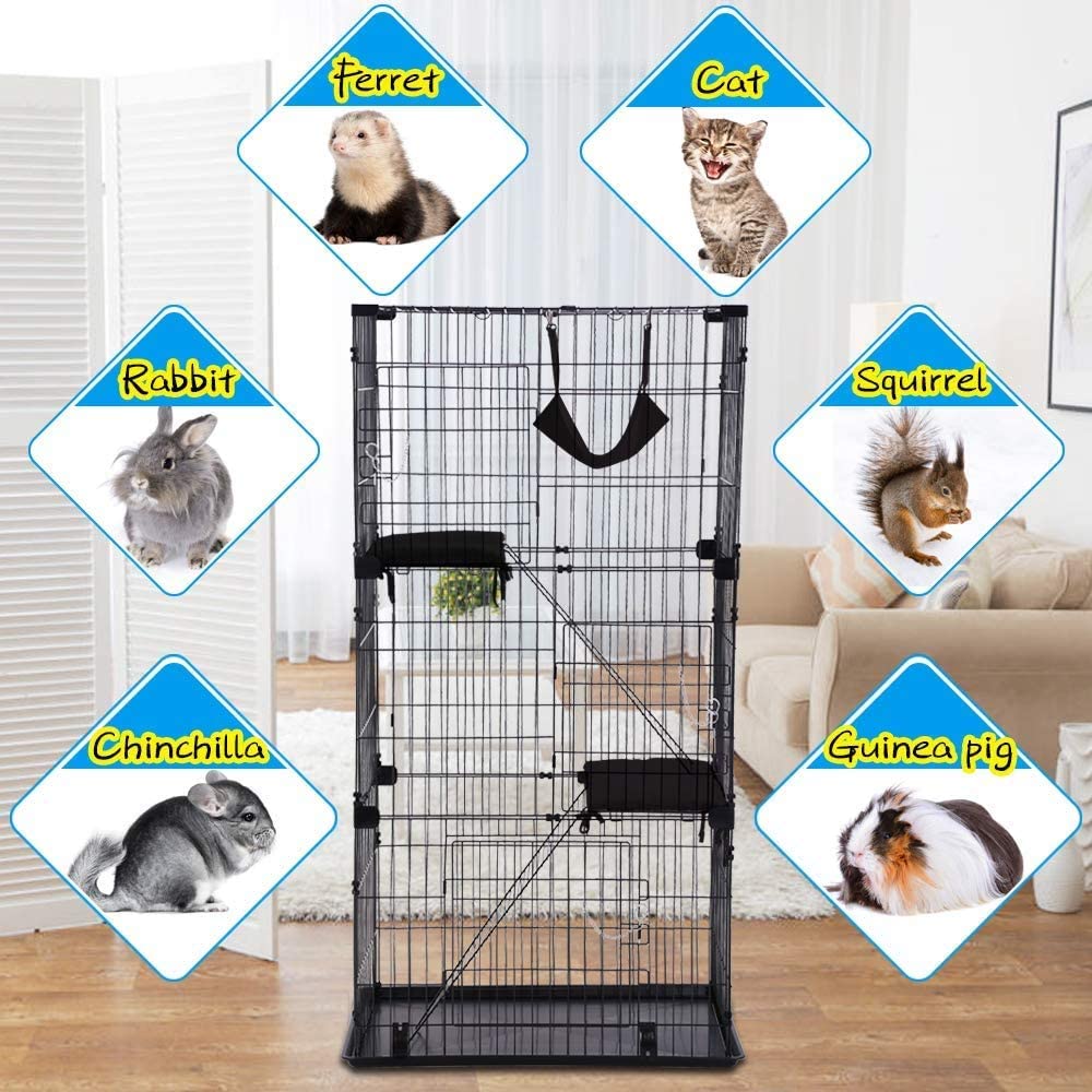 67 inch Cat Playpen Cage Cat Kennel Large Cat Cage Playpen Cat Crates for Indoor Cats with Free Hammock 3 Cat Bed 3 Front Doors 2 Ramp Ladders Perching Shelves， Black