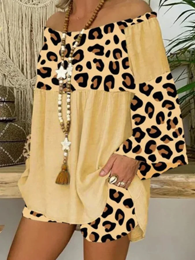 Ladies Cotton Linen Fashion Leopard Print Splicing Loose Large Size Suit