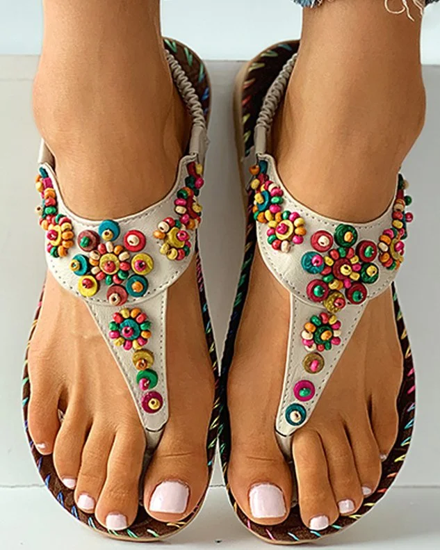 Colorful Beaded Toe Post Flat Sandals