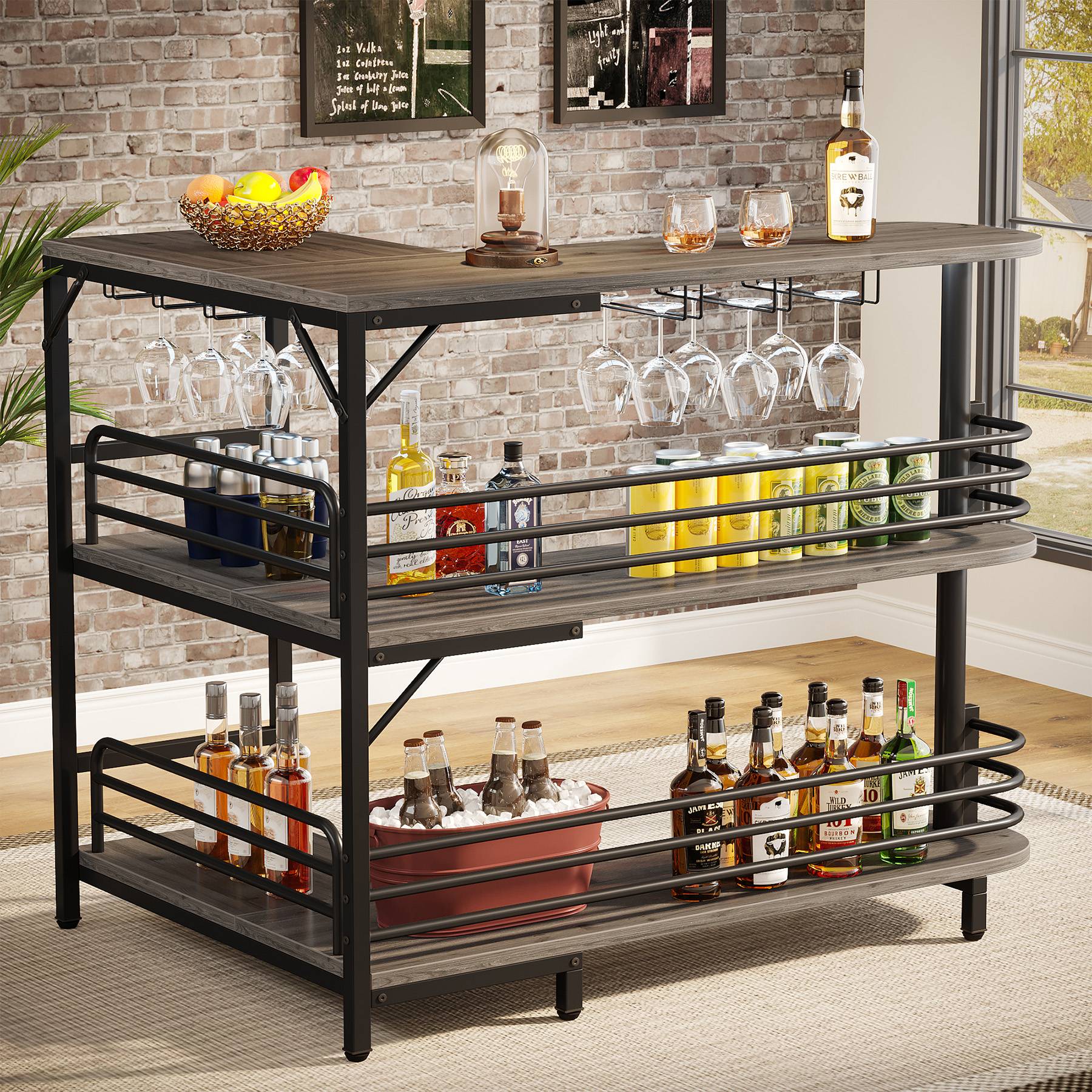 L-Shaped Bar Unit, 3 Tier Liquor Bar Table with Wine Glasses Holder