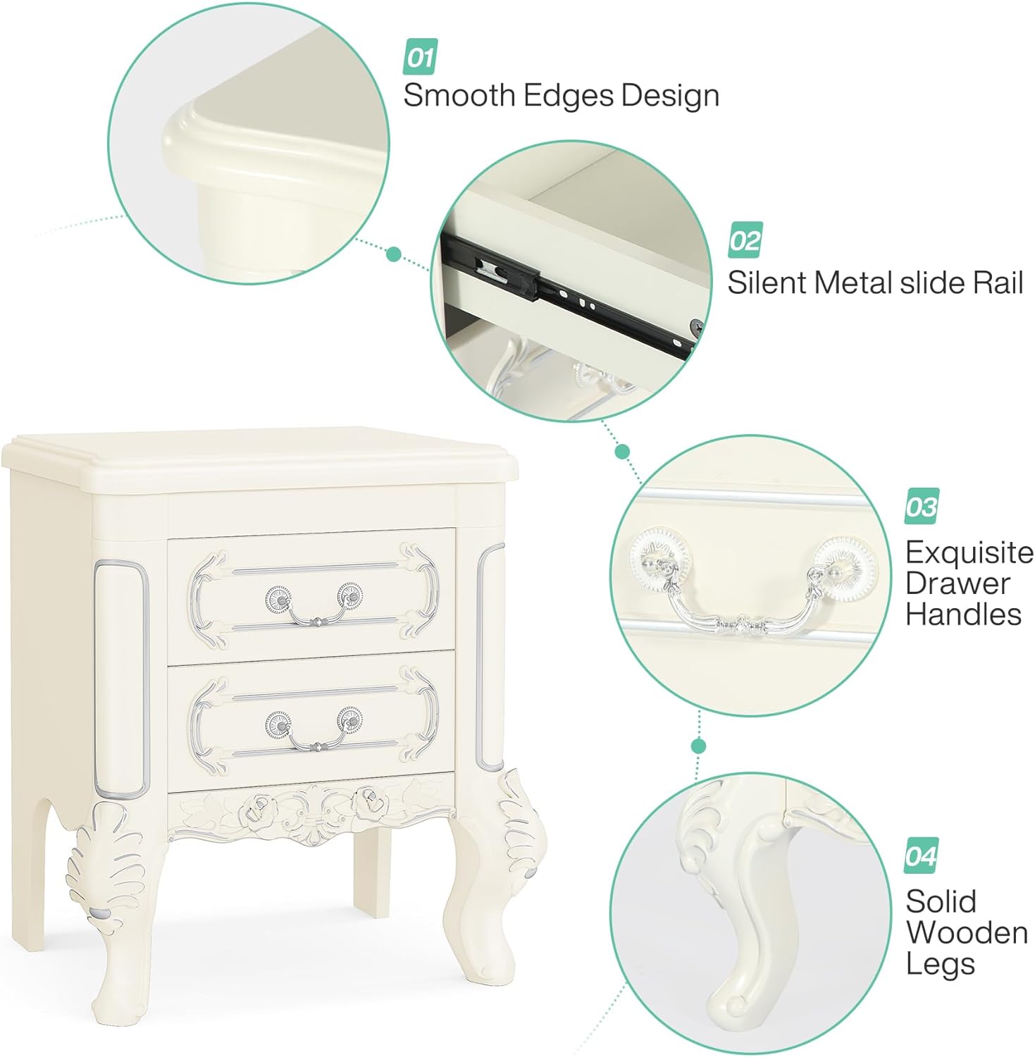 Carved Nightstand, White  Bedside Table End Table with 2 Drawers