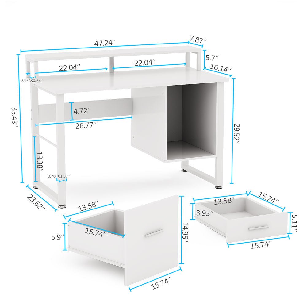 White Computer Desk, 47 Inches Modern Writing Desk with 2 Drawers