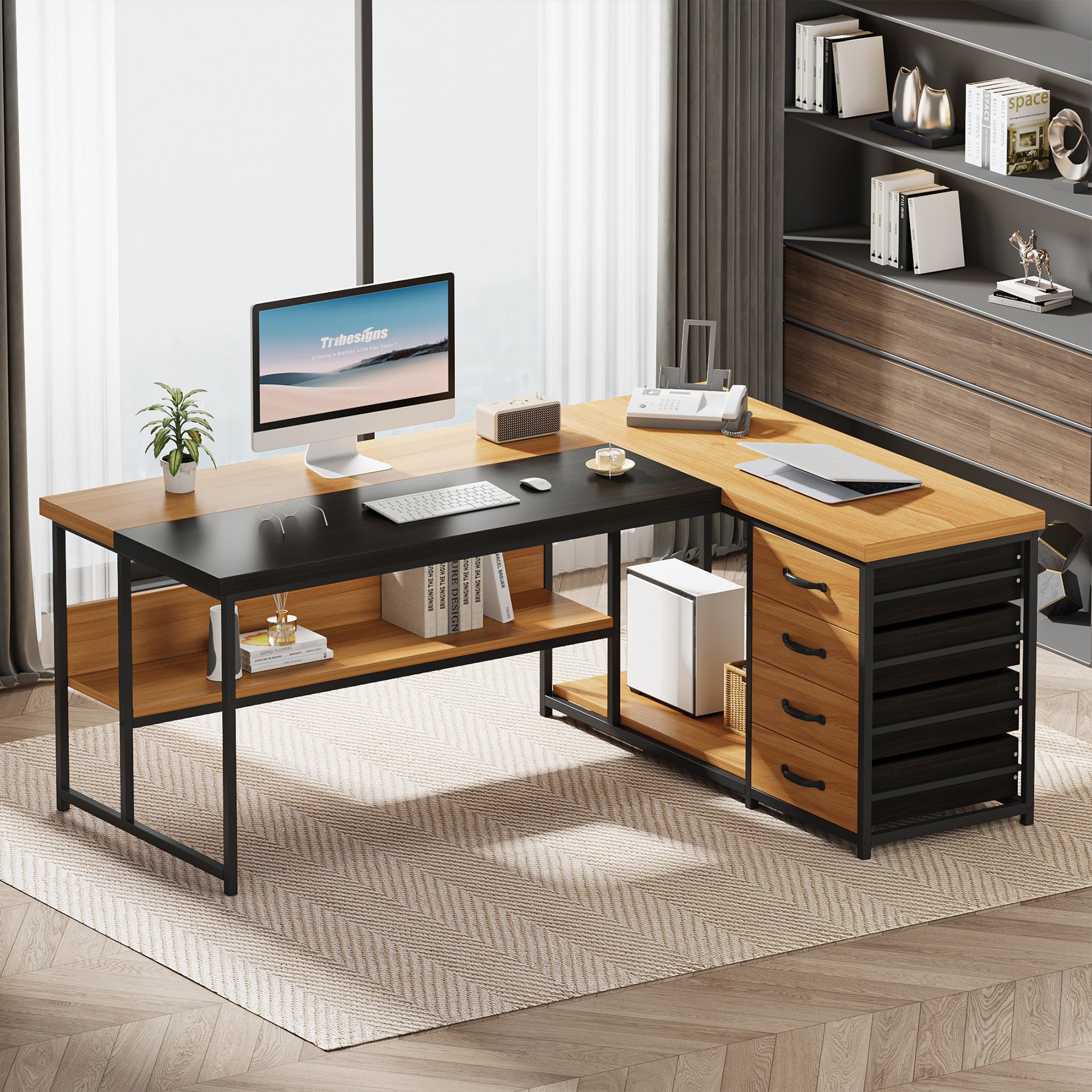 L-Shaped Desk with 4 Drawers, 62.2