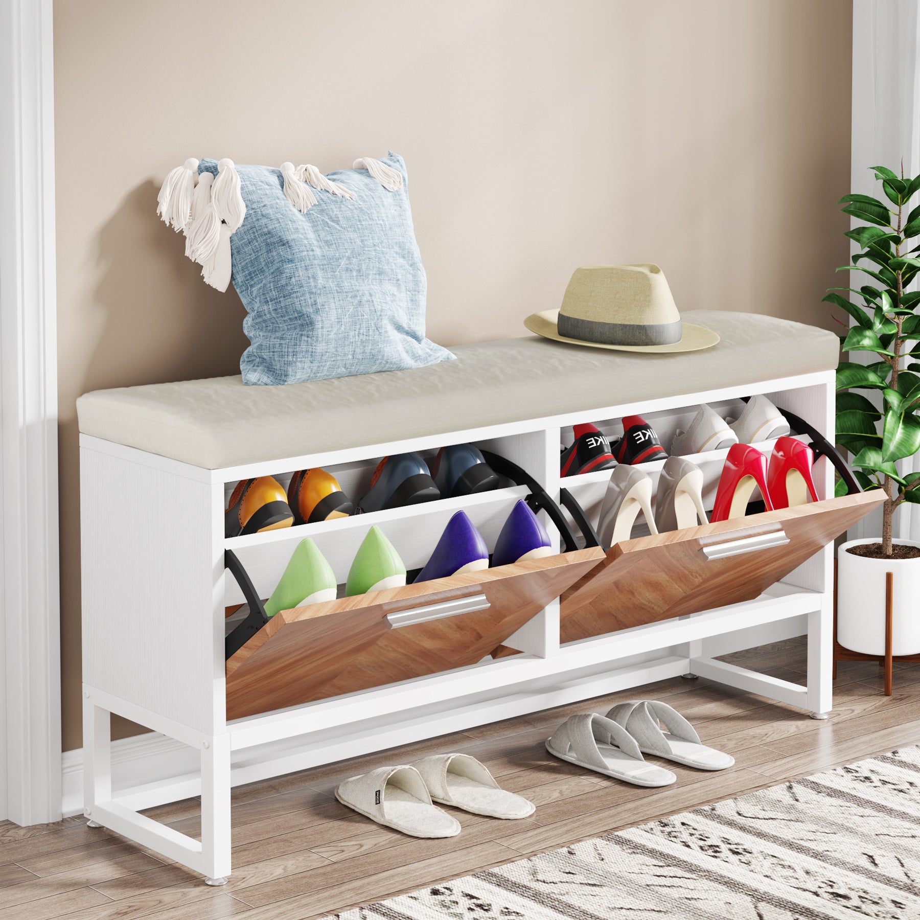 Entryway Shoe Storage Bench, Hallway Shoe Organizer with 2 Flip Drawers