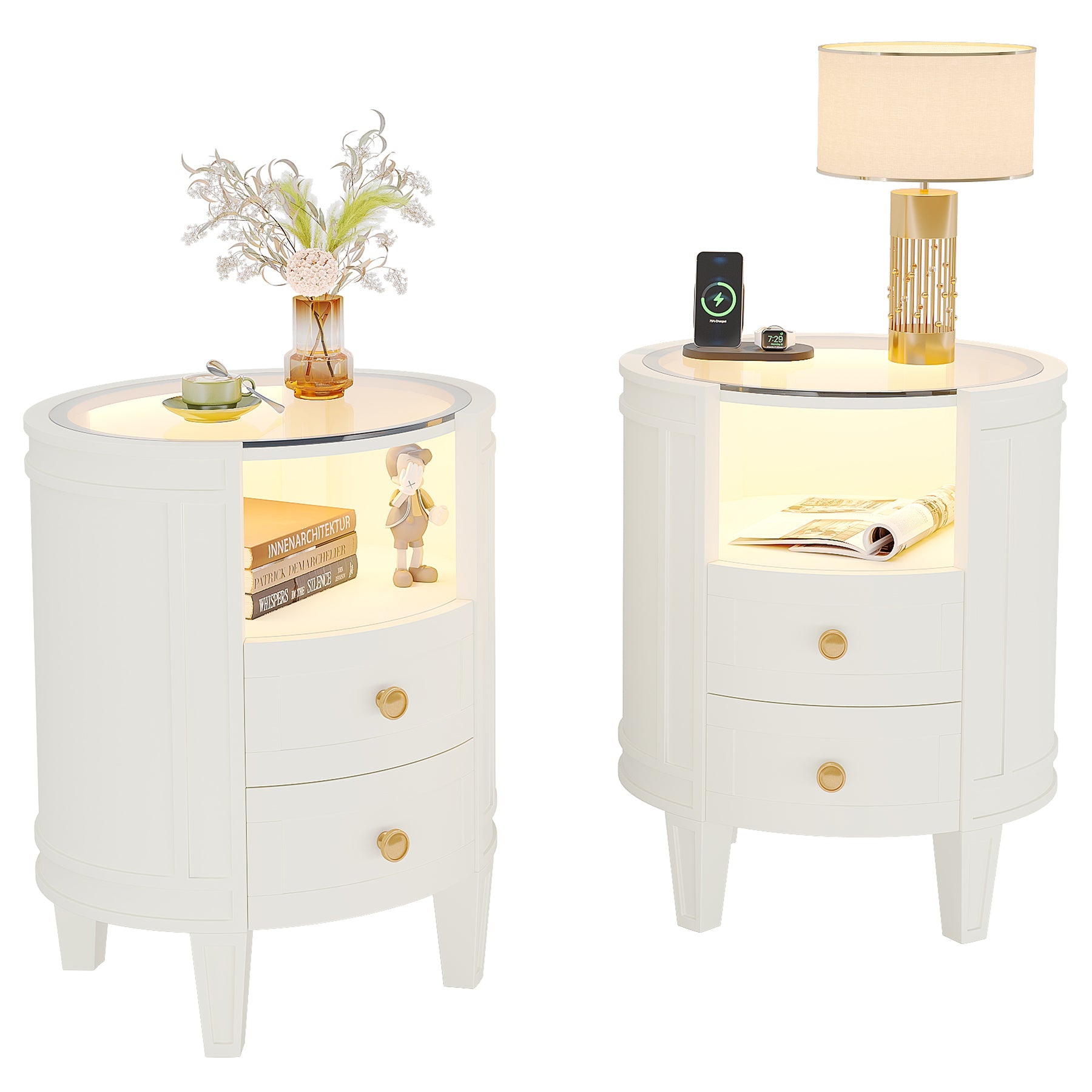 2-Drawer Nightstand with LED Light, Modern Side Table with Glass Tabletop