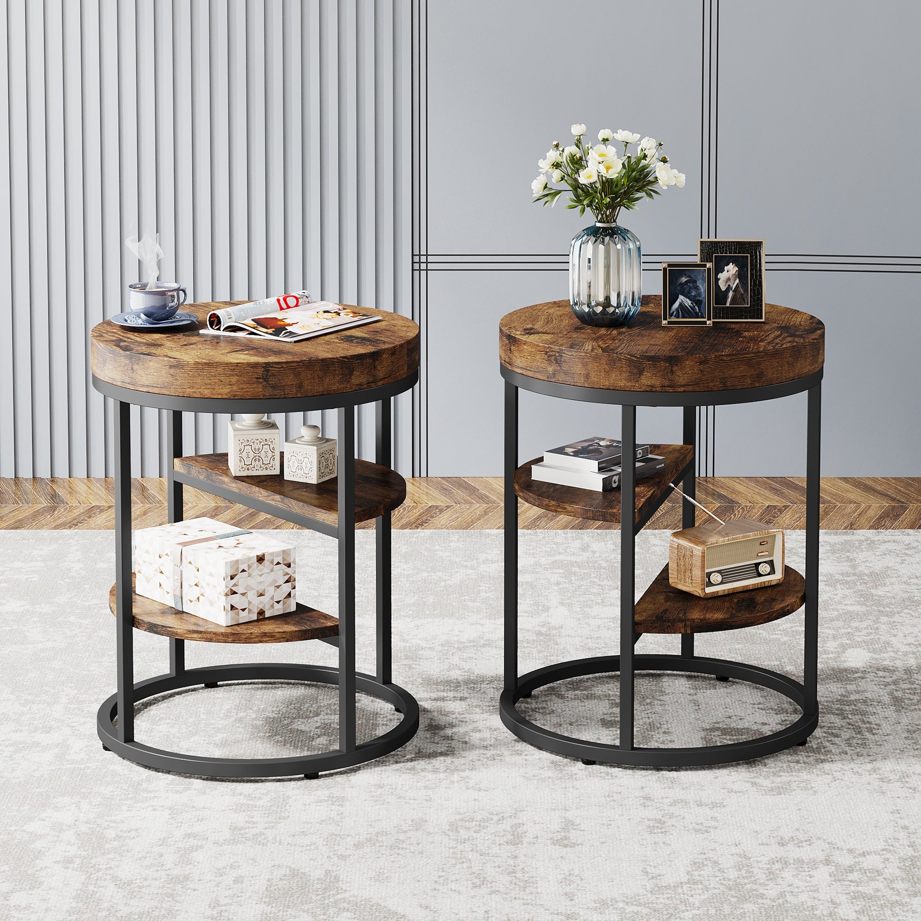 Round End Table, Small  Side Table Nightstand with 3-Tier Shelves