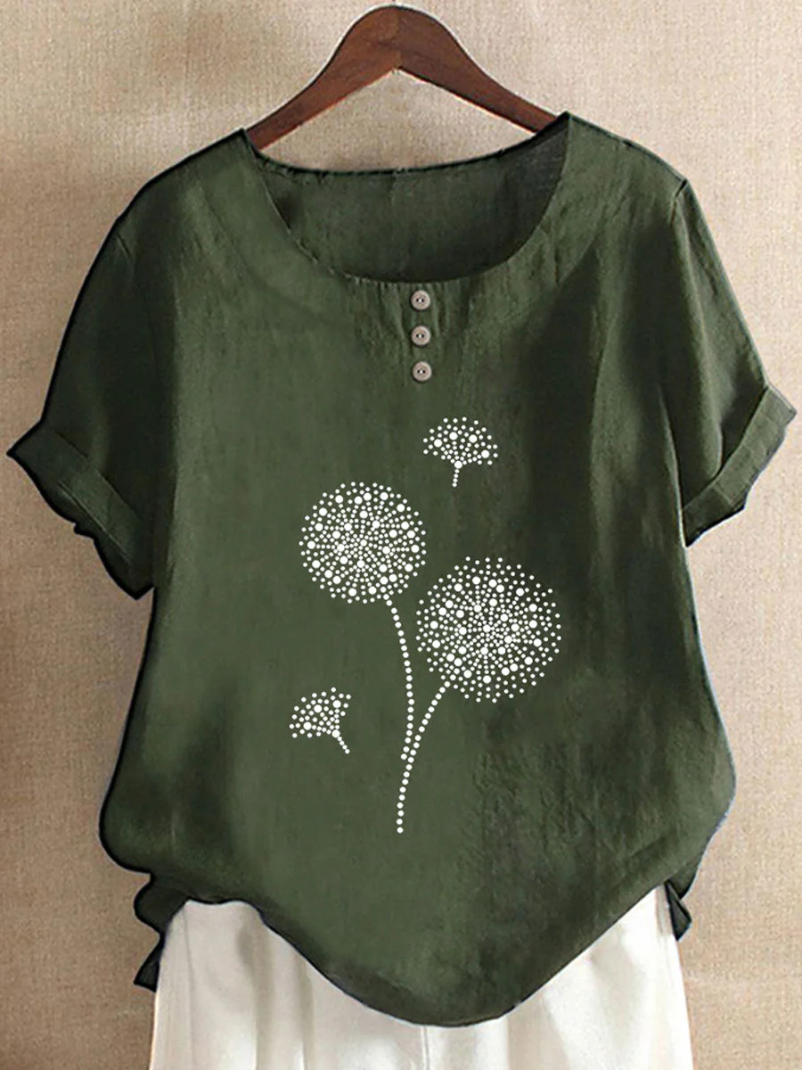 Round Neck Casual Loose Dandelion Print Short-sleeved Blouse