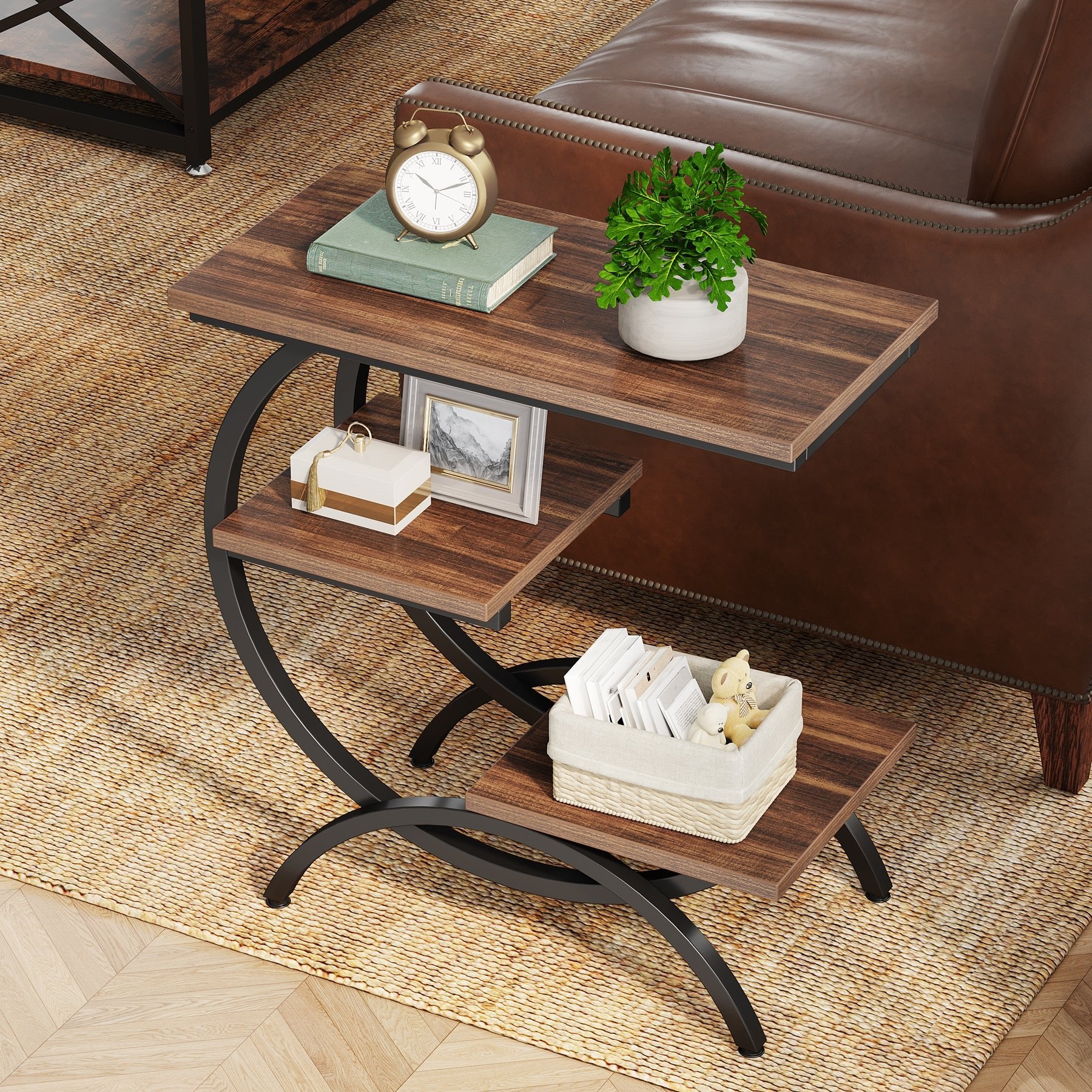 C-Shaped End Table, Industrial 3-Tier Side Table for Small Space