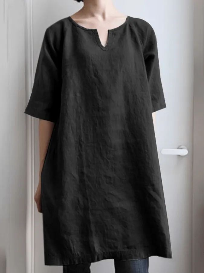Women's Cotton Linen V-Neck Loose Short Sleeve Dress