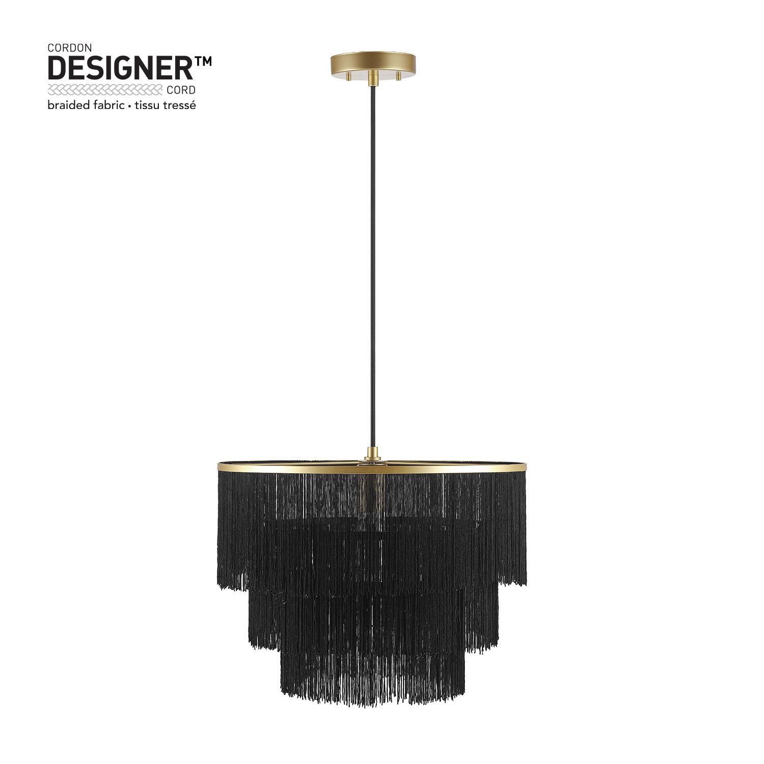Globe Electric Willow 1-Light Matte Gold Pendant Light with Black Fabric Fringe Shade， 44845