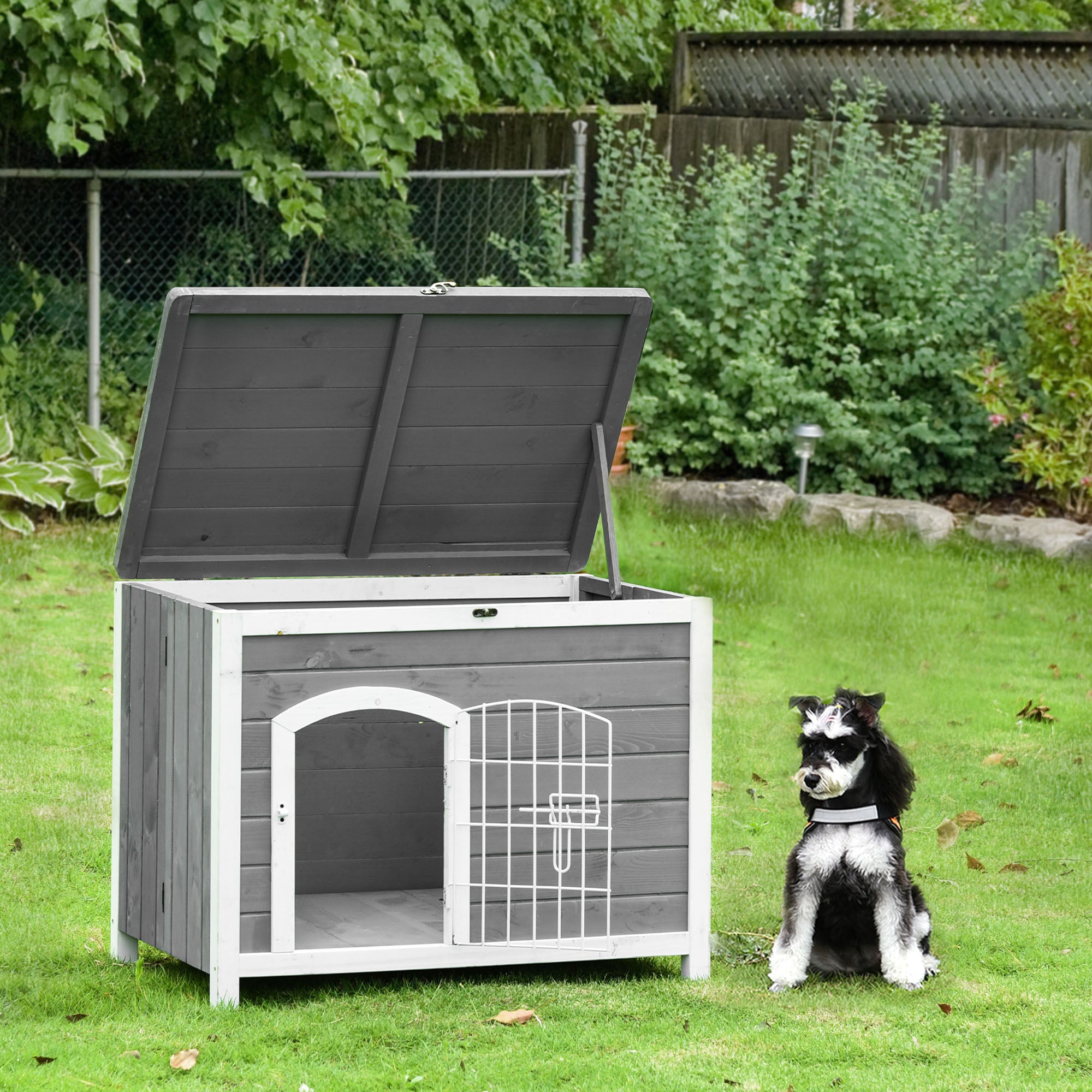 Andoer Foldable Raised Wooden Dog House Indoor and Outdoor Dog Cage Kennel Cat House w/ Lockable Door Openable Roof Removable Bottom for Small and Medium Pets Grey
