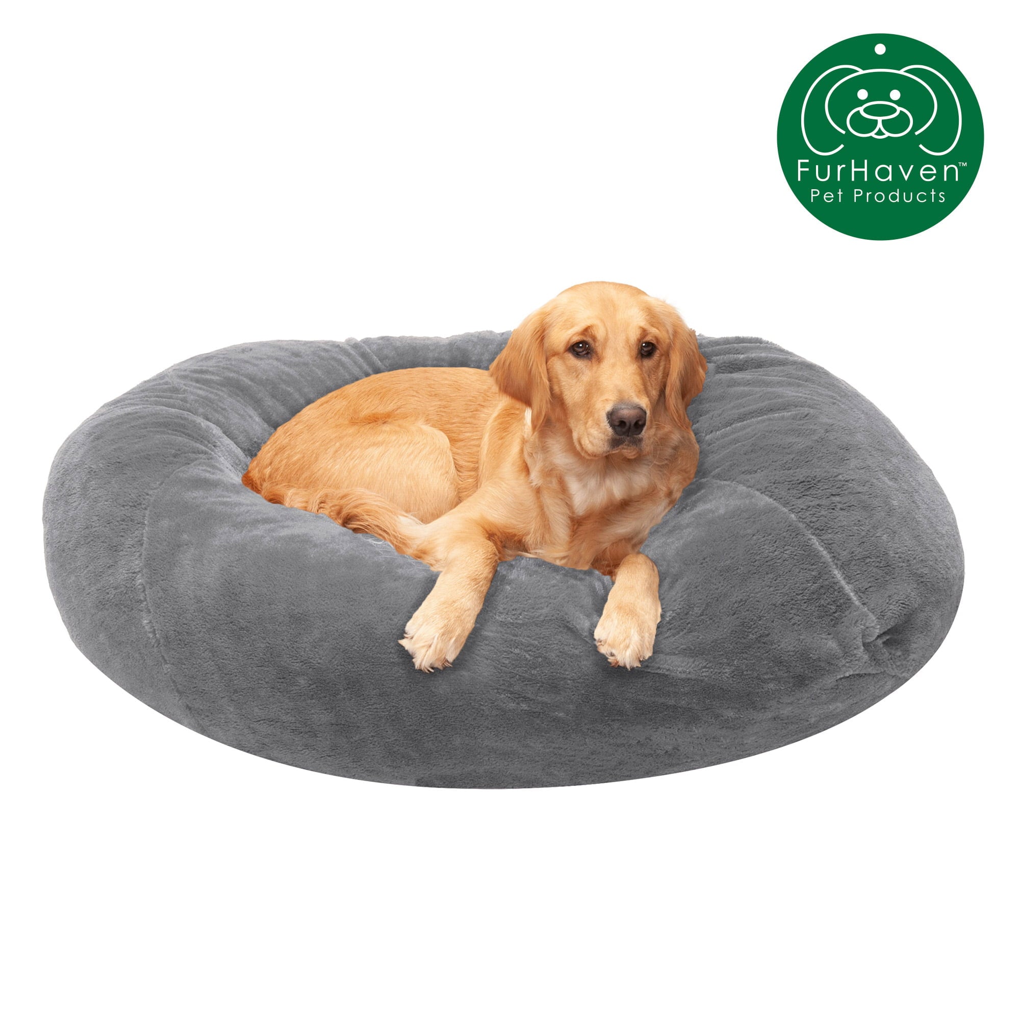 FurHaven Pet Dog Bed | Round Plush Ball Pet Bed for Dogs and Cats， Gray Mist， Extra Large