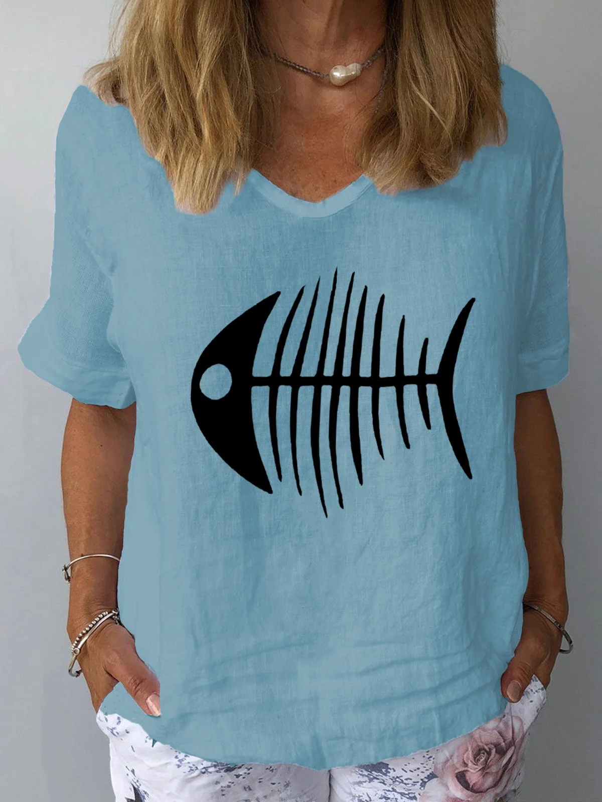 Women's Fishbone Print Casual Cotton T-Shirt