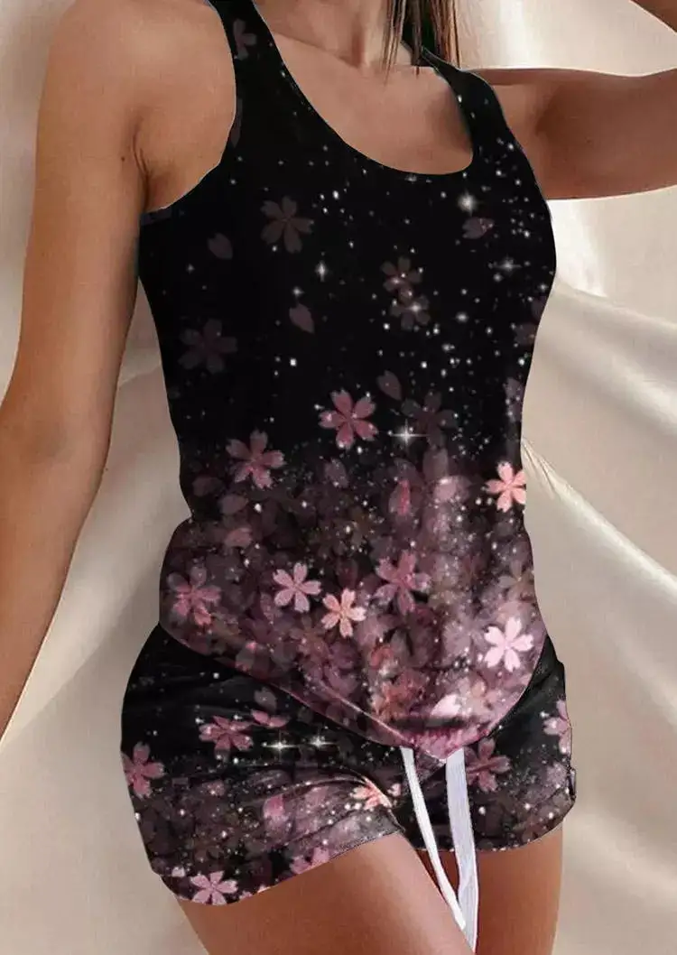 Gradient Floral Racerback Tank And Shorts Two-Piece Set