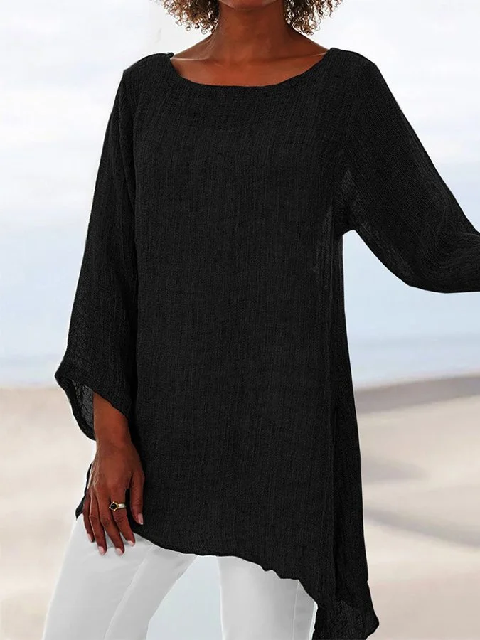 Women's Cotton Linen Fashion Simple Solid Color Irregular Hem Round Neck Long Sleeve Top