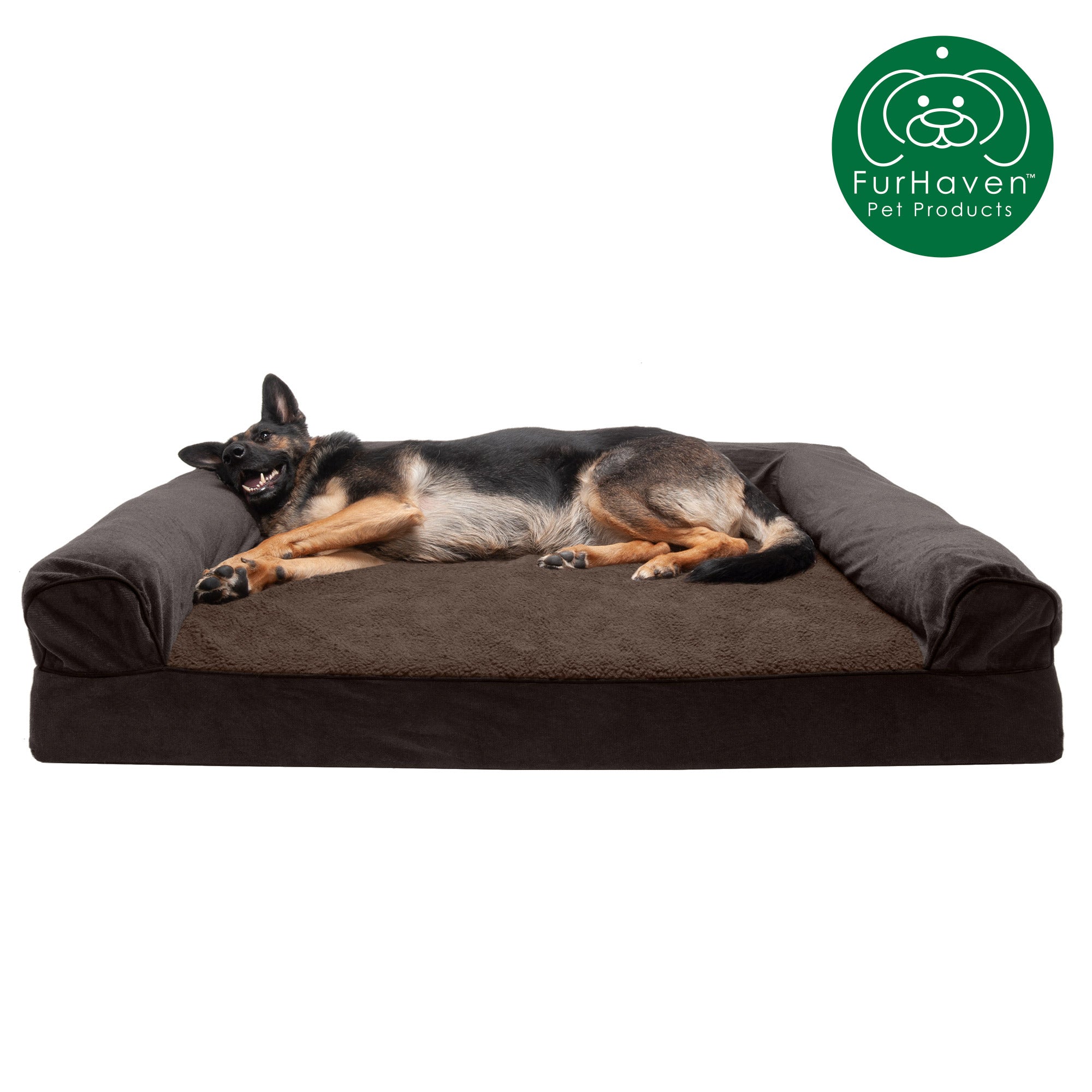 FurHaven | Cooling Gel Faux Fleece and Chenille Sofa Pet Bed for Dogs and Cats， Coffee， Jumbo Plus