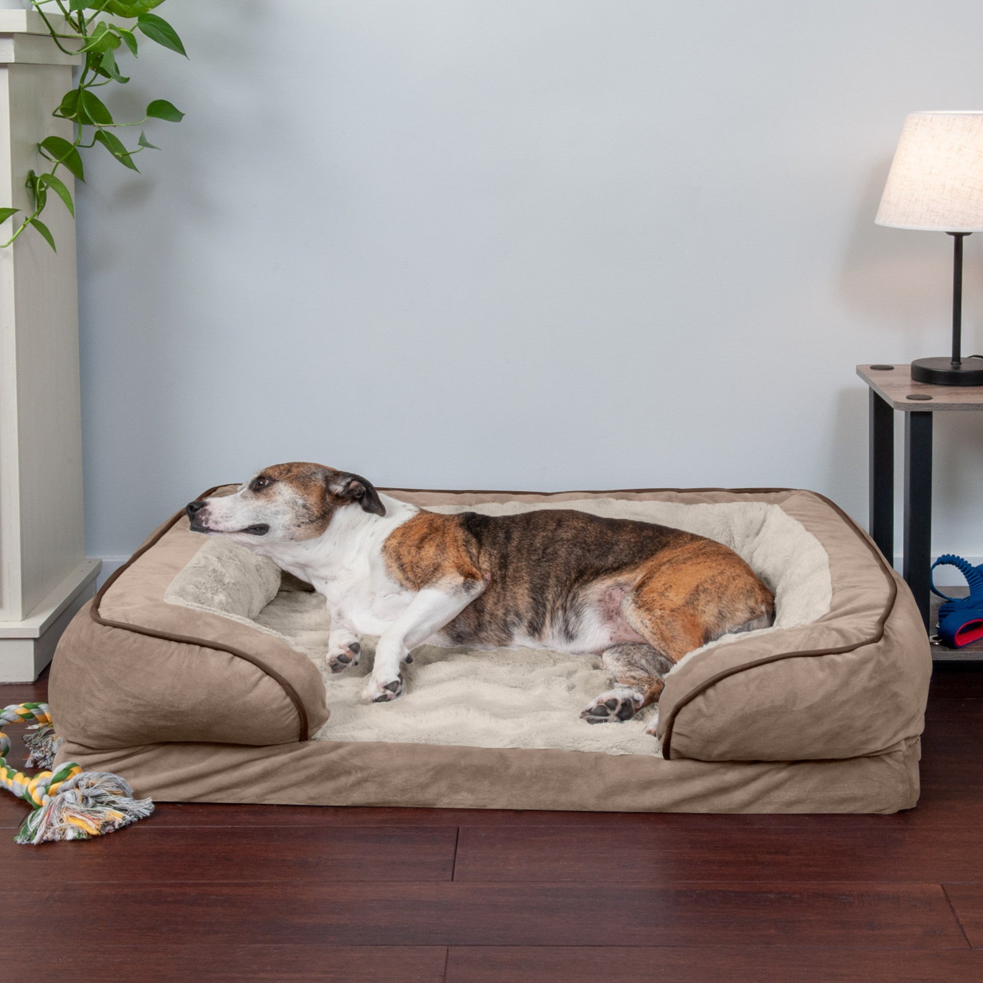 FurHaven Pet Products | Cooling Gel Memory Foam Orthopedic Perfect Comfort Velvet Waves Sofa-Style Couch Pet Bed for Dogs and Cats， Brownstone， Large