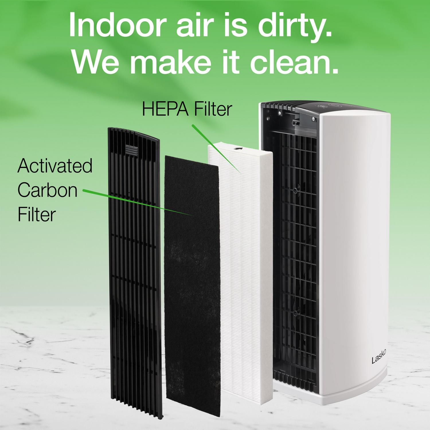 Lasko LP300 HEPA Tower Air Purifier with Timer for a Cleaner， Fresher Home Environment， LP300， White