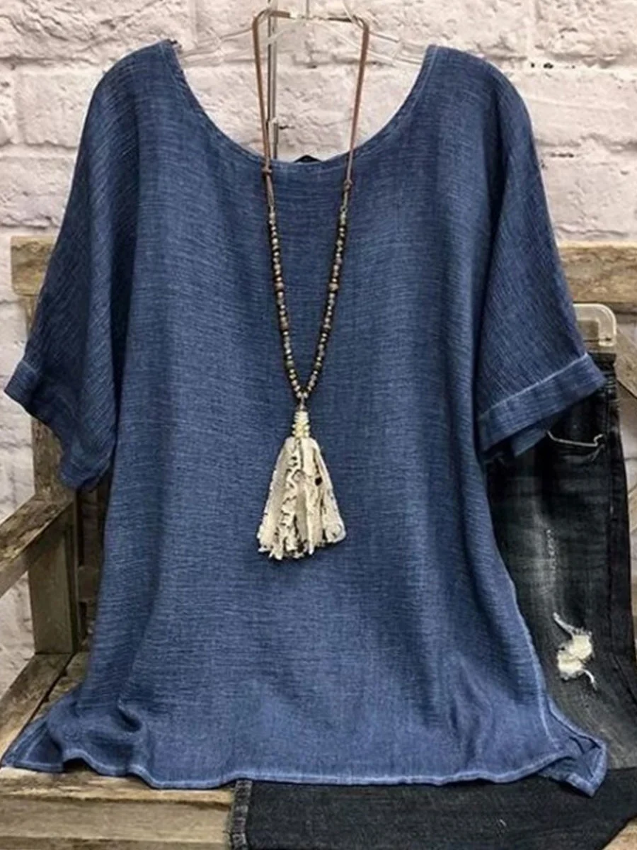 Round Neck Casual Loose Solid Color Linen Short-sleeved Blouse