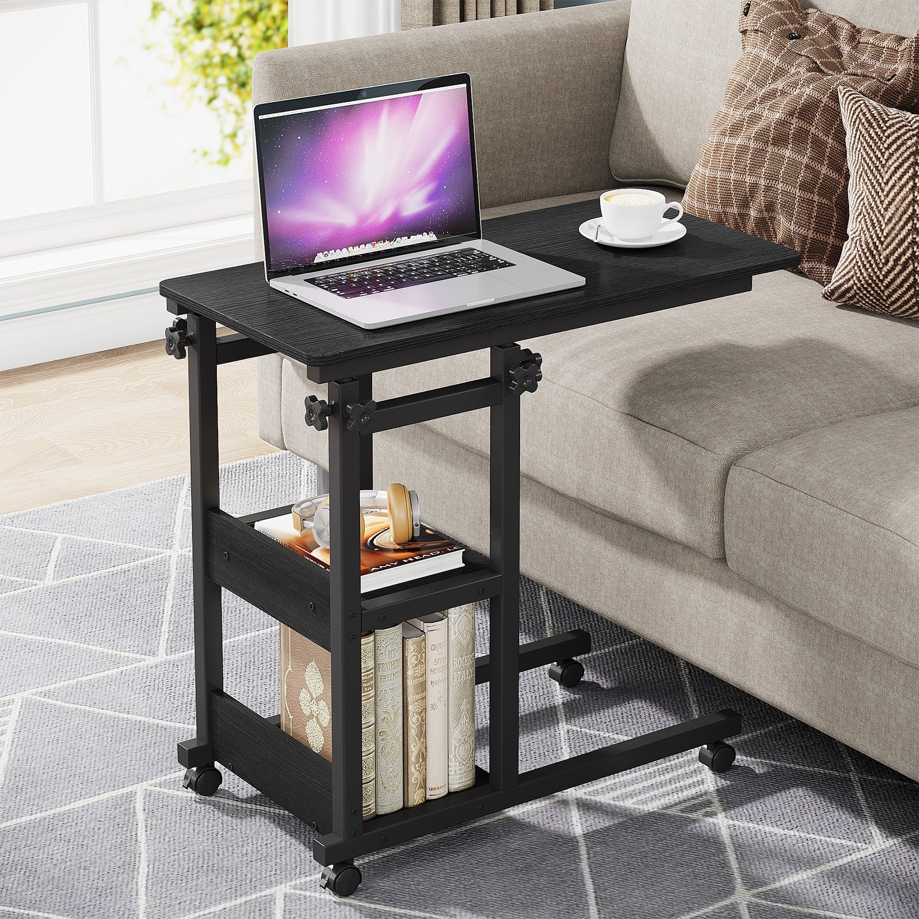 Mobile C Table, Height Adjustable Side Table with Storage Shelves