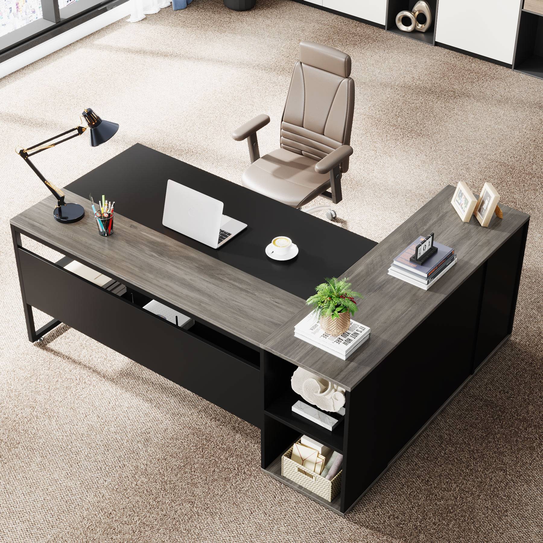 71 inch Executive Desk, L-Shaped Computer Desk with Storage Cabinet