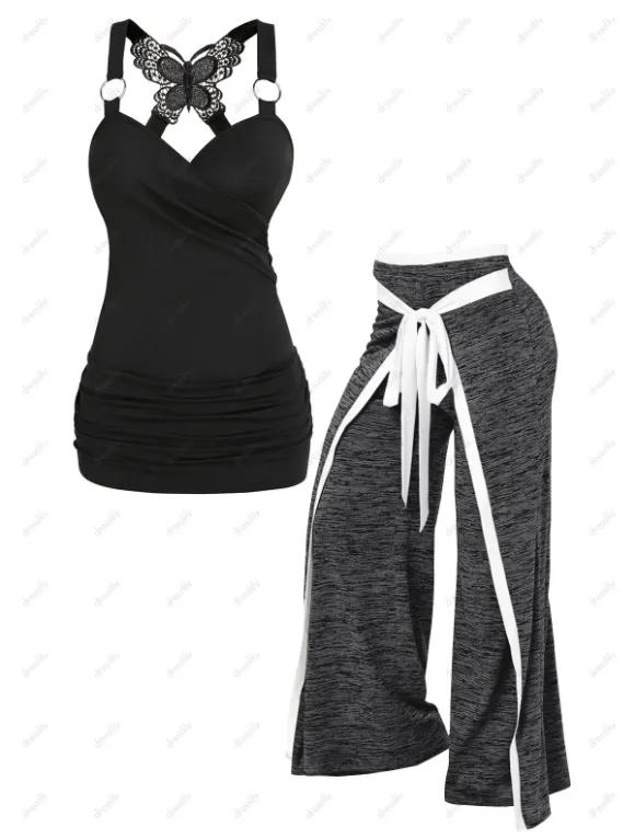 Butterfly Lace O Ring Surplice Tank Top And Space Dye Bowknot Wide Leg Pants Casual Outfit