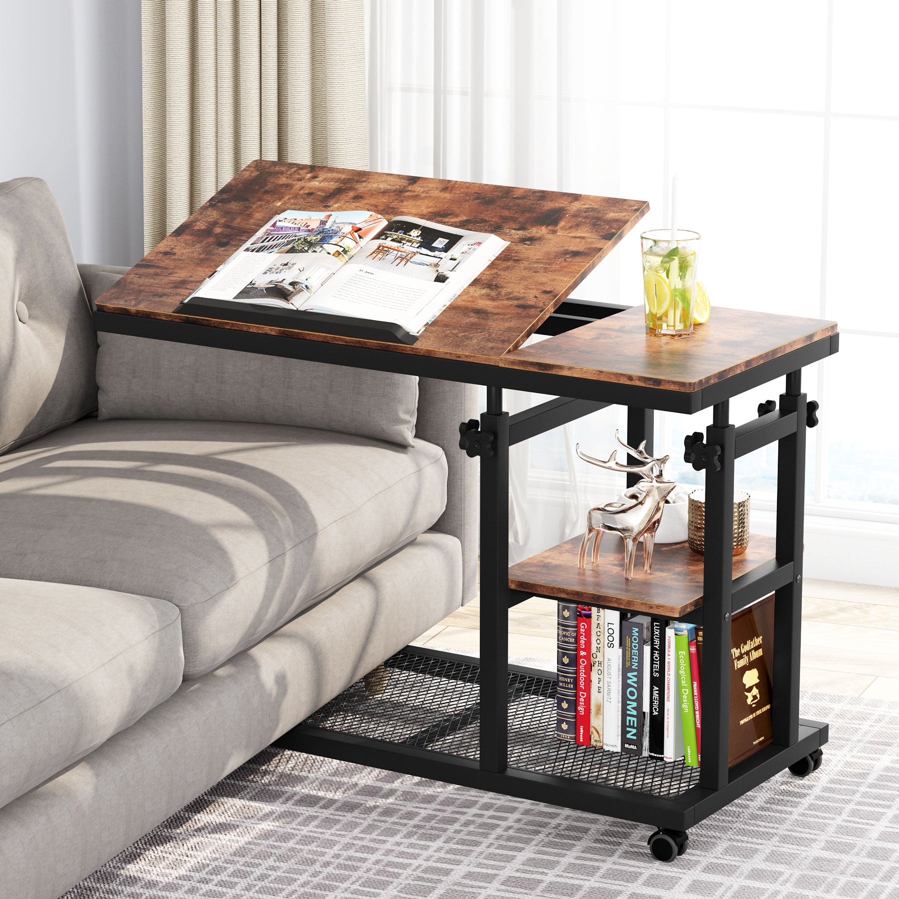 Height Adjustable C Table, Mobile Side Table with Tiltable Drawing Board