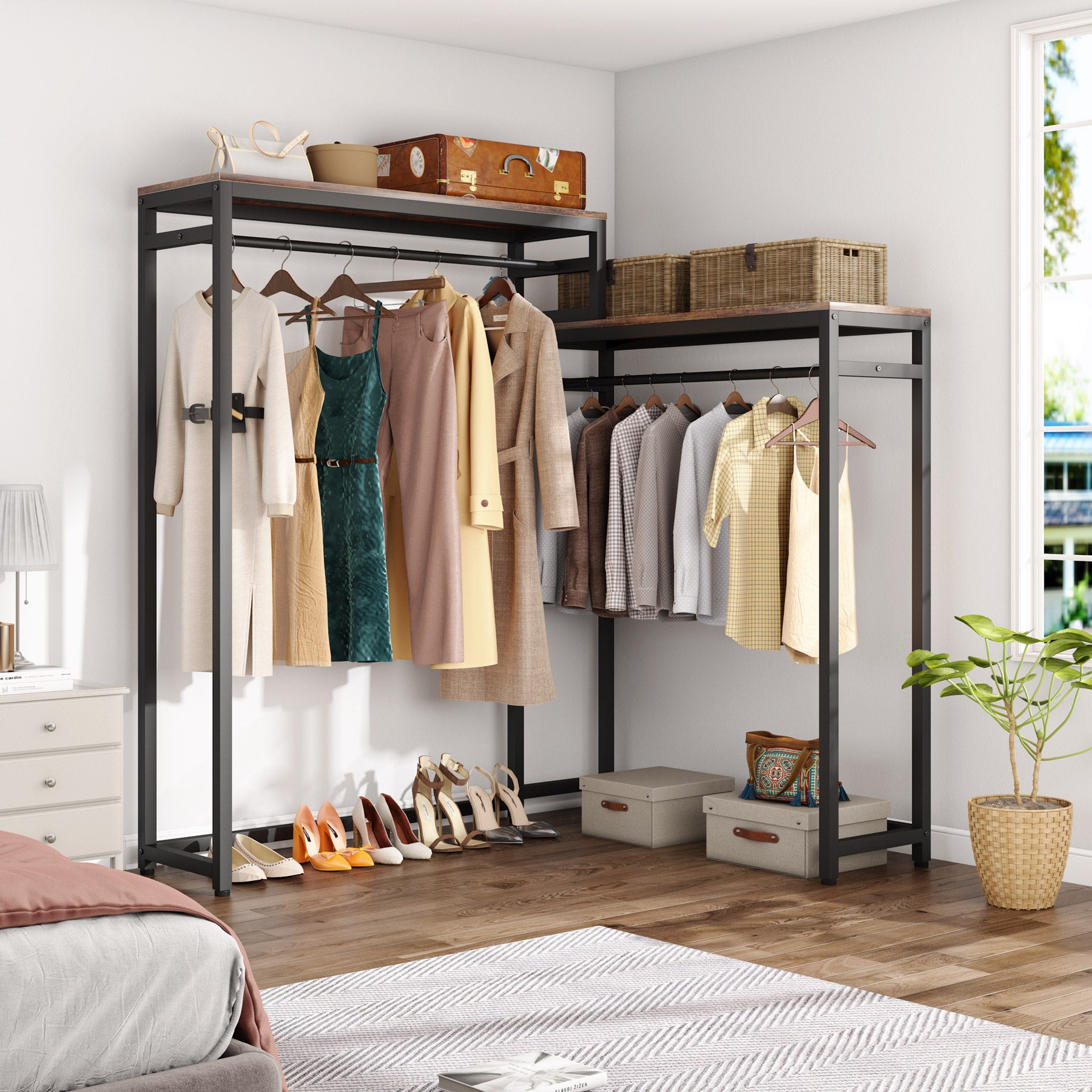 Freestanding Closet Organizer with Shelves and Double Hanging Rod