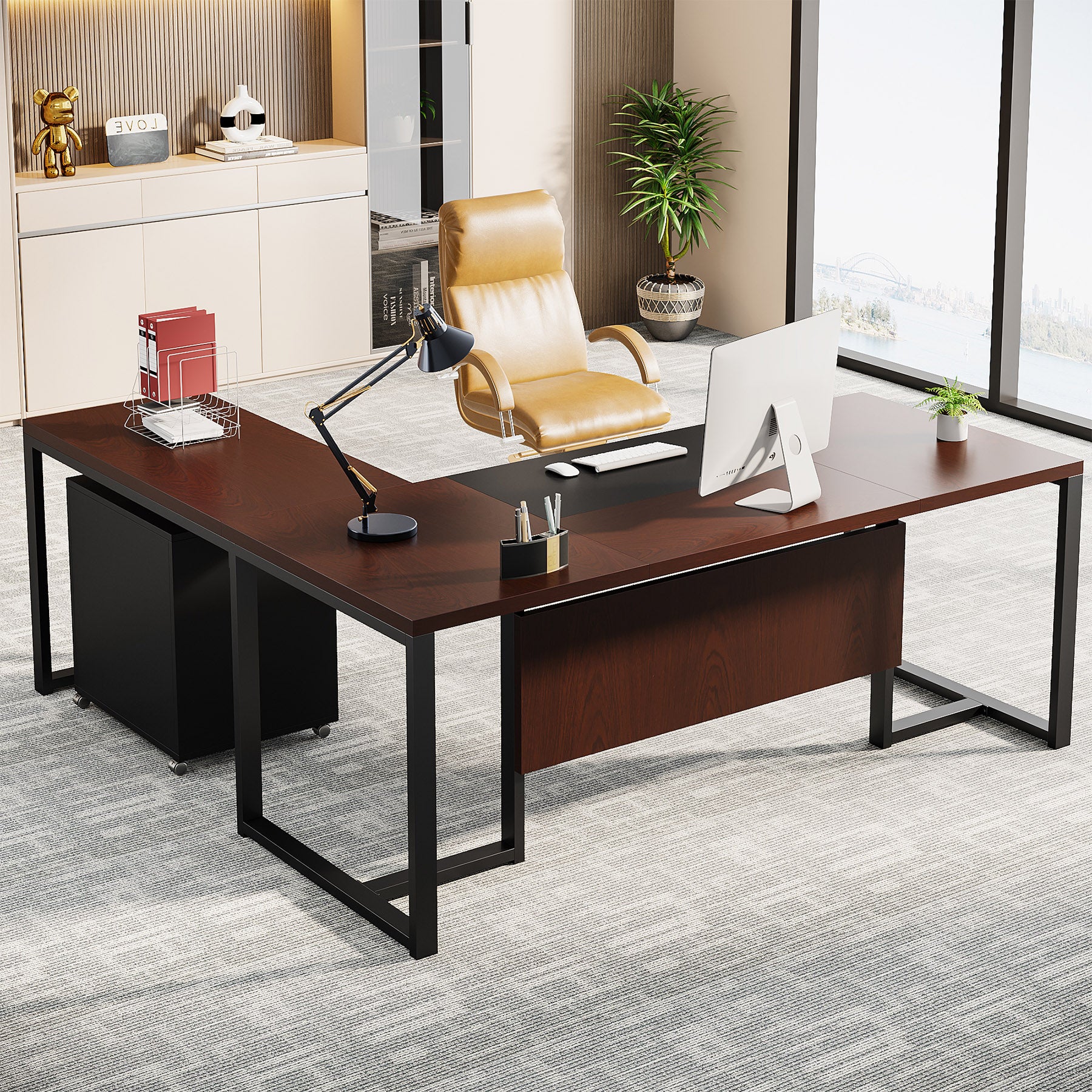 70.8” L-Shaped Desk, Large Executive Desk with Mobile File Cabinet