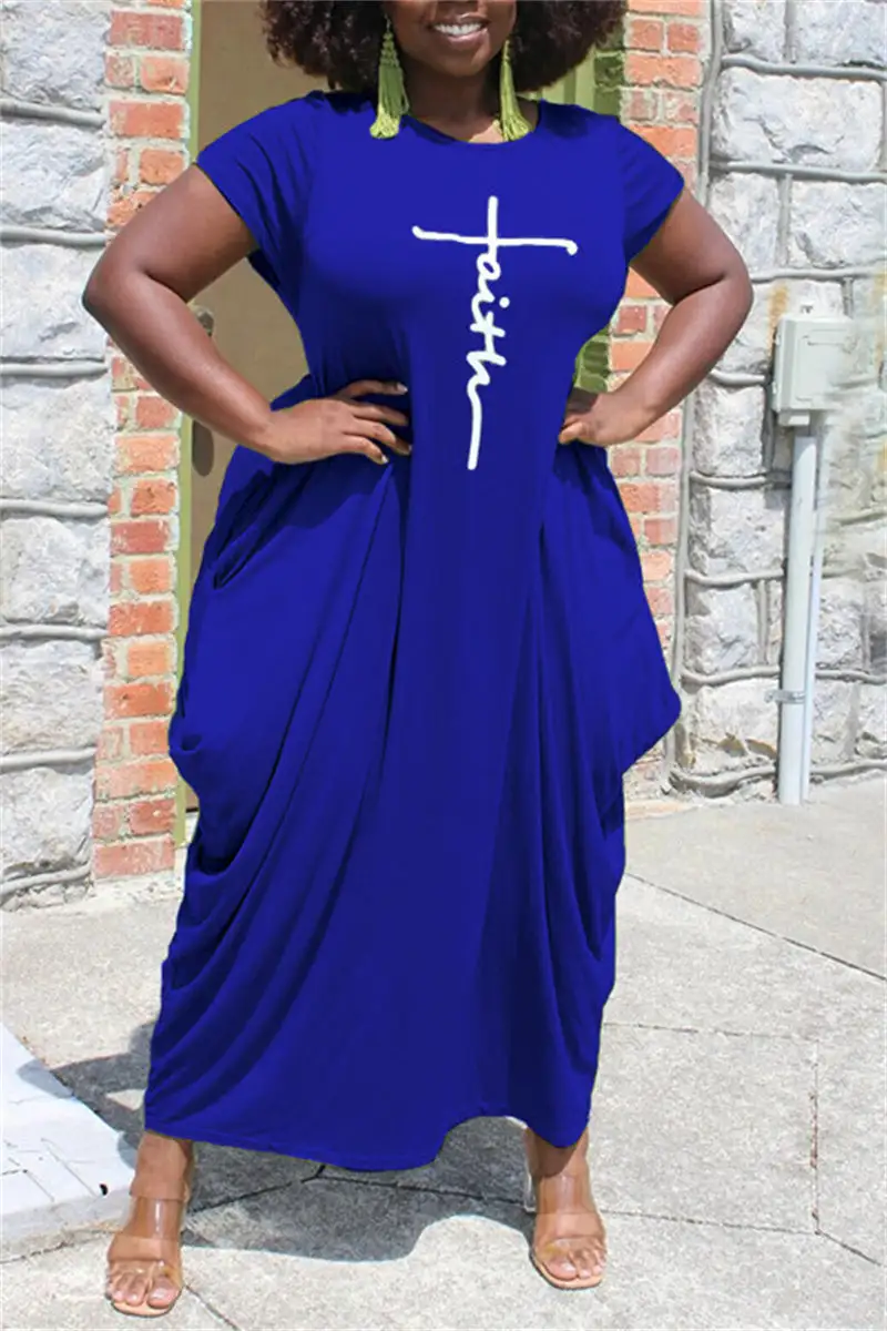 Plus Size Green Irregular Pattern Print Round Neck Maxi Dress