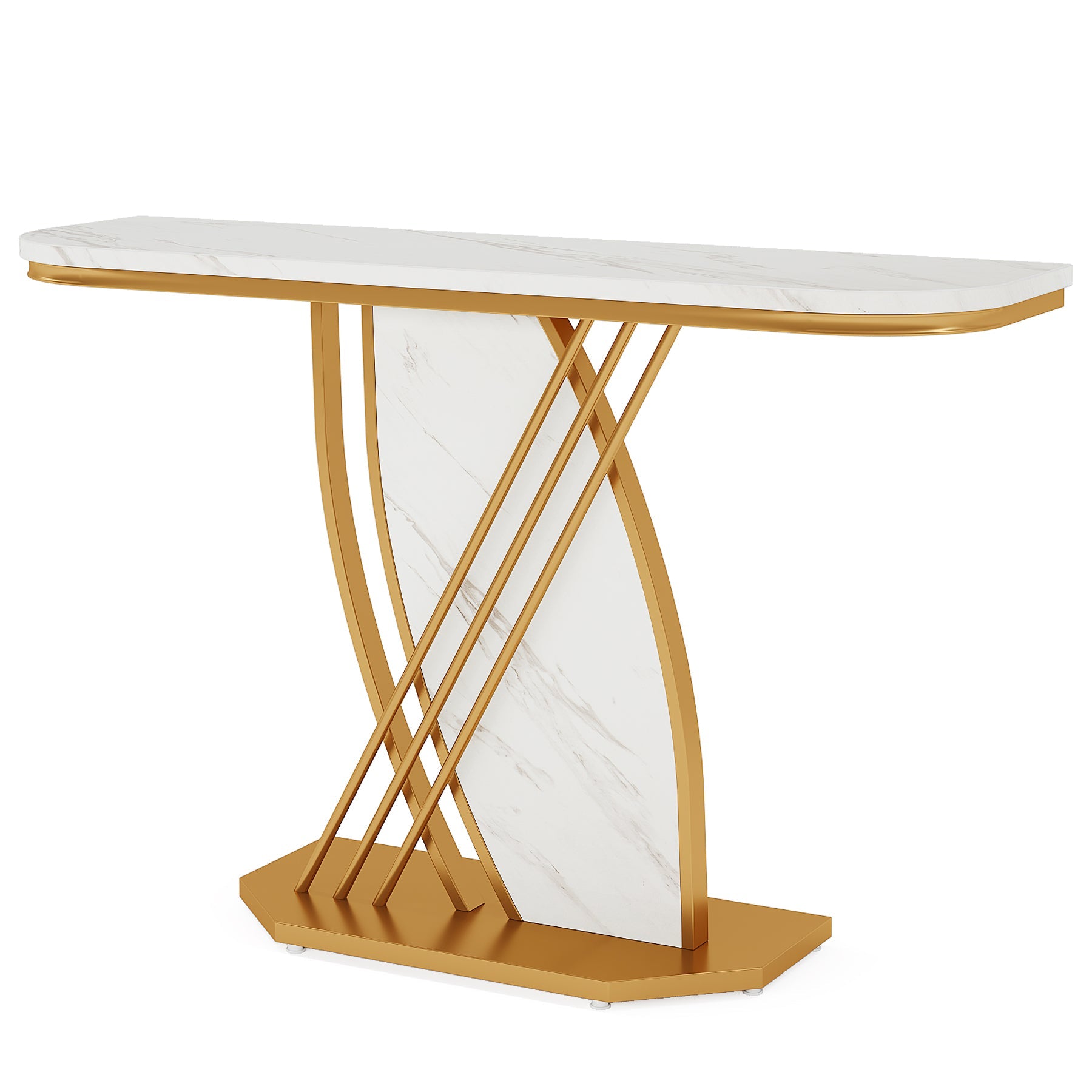 Modern Console Table, Faux Marble Sofa Table with Geometric Metal Legs