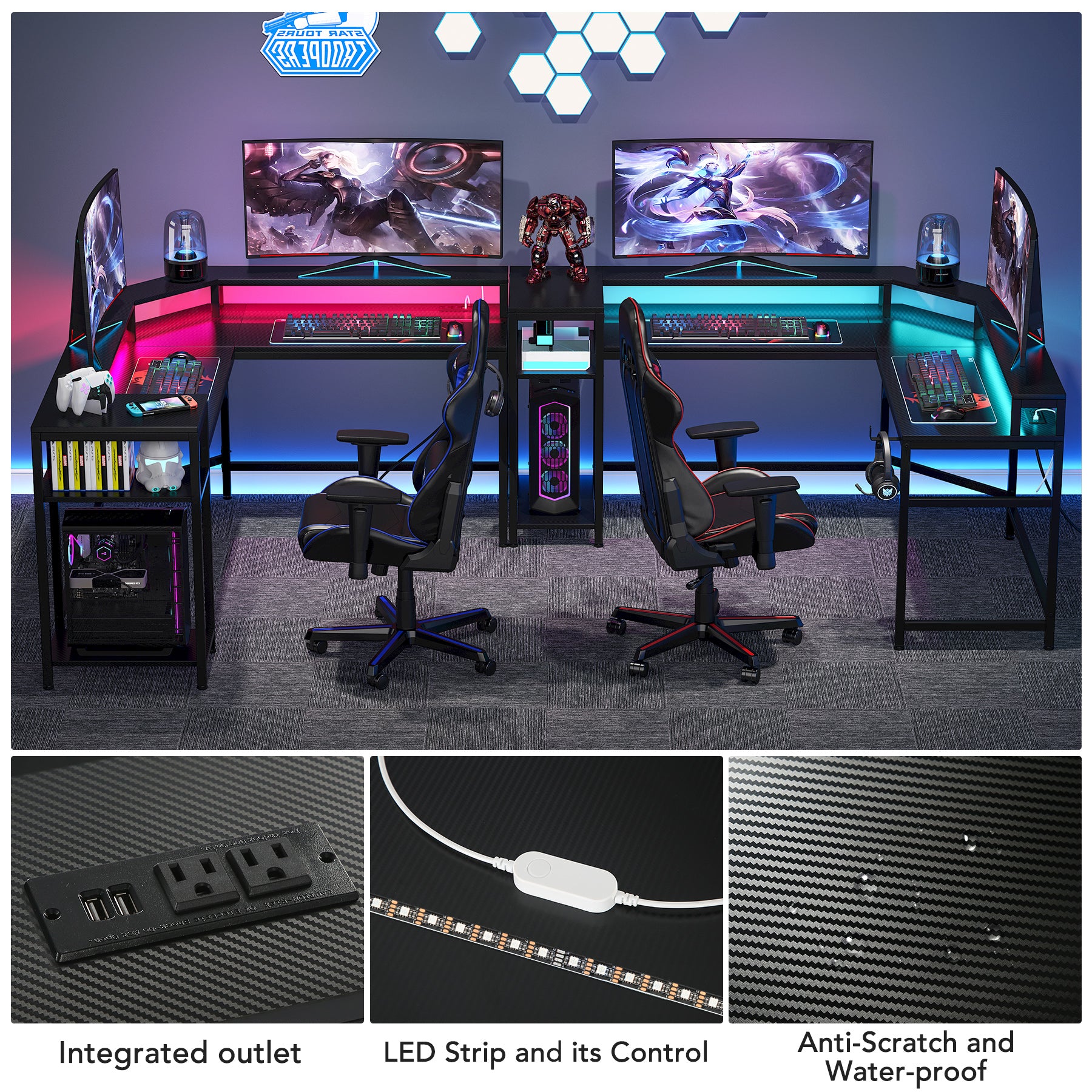 L-Shaped Gaming Desk Computer Desk with Power Outlets & LED Strips