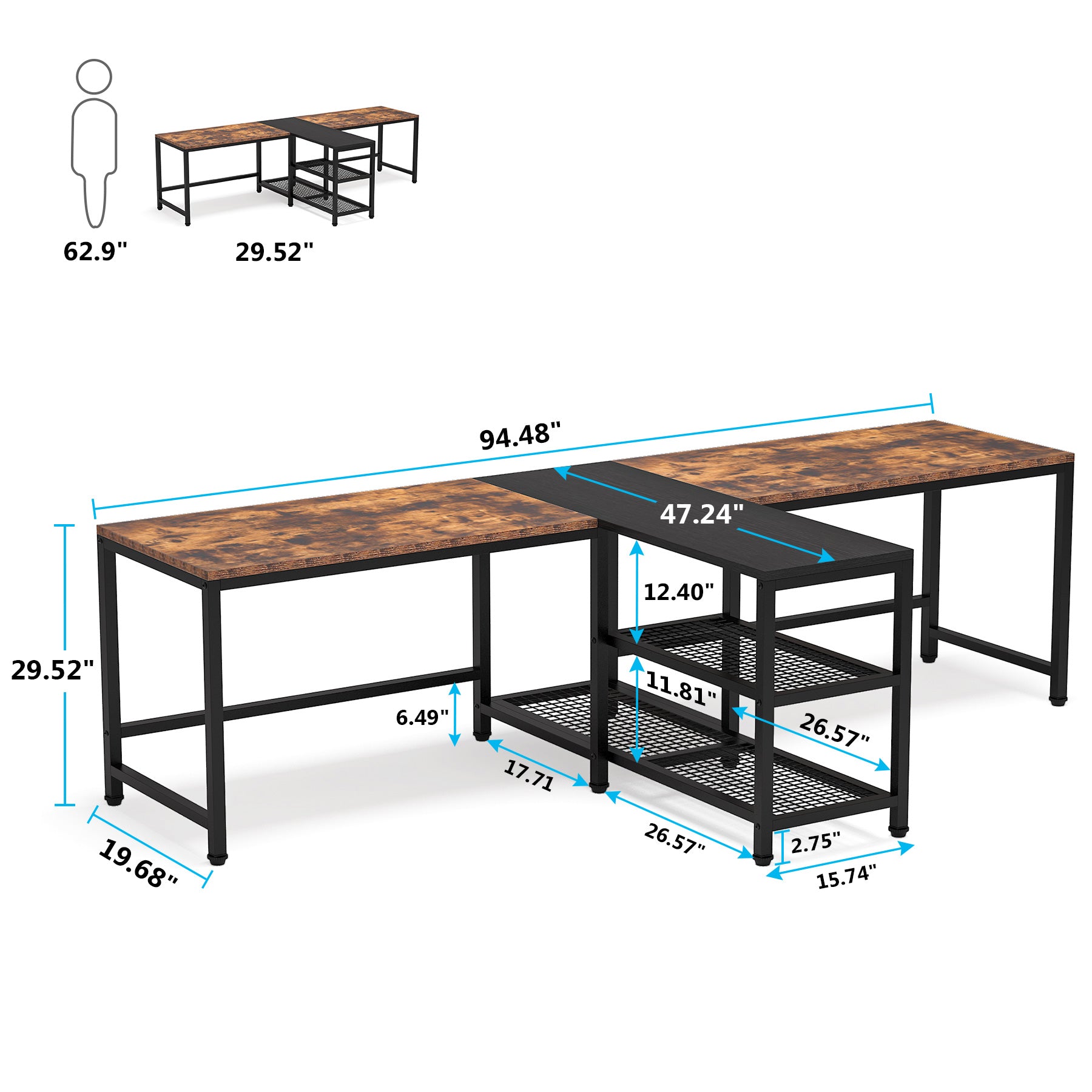 94.5 Two Person Desk, Double Computer Desk with Shelves