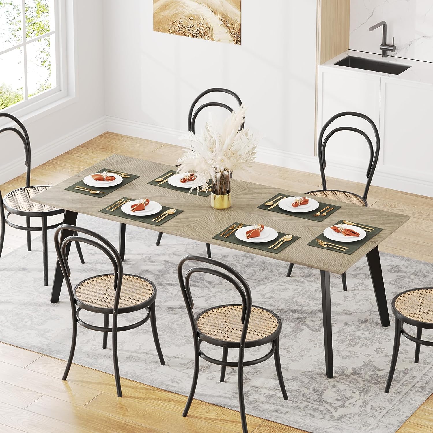 Wood Dining Table, Farmhouse Rectangular Kitchen Table for 6 People