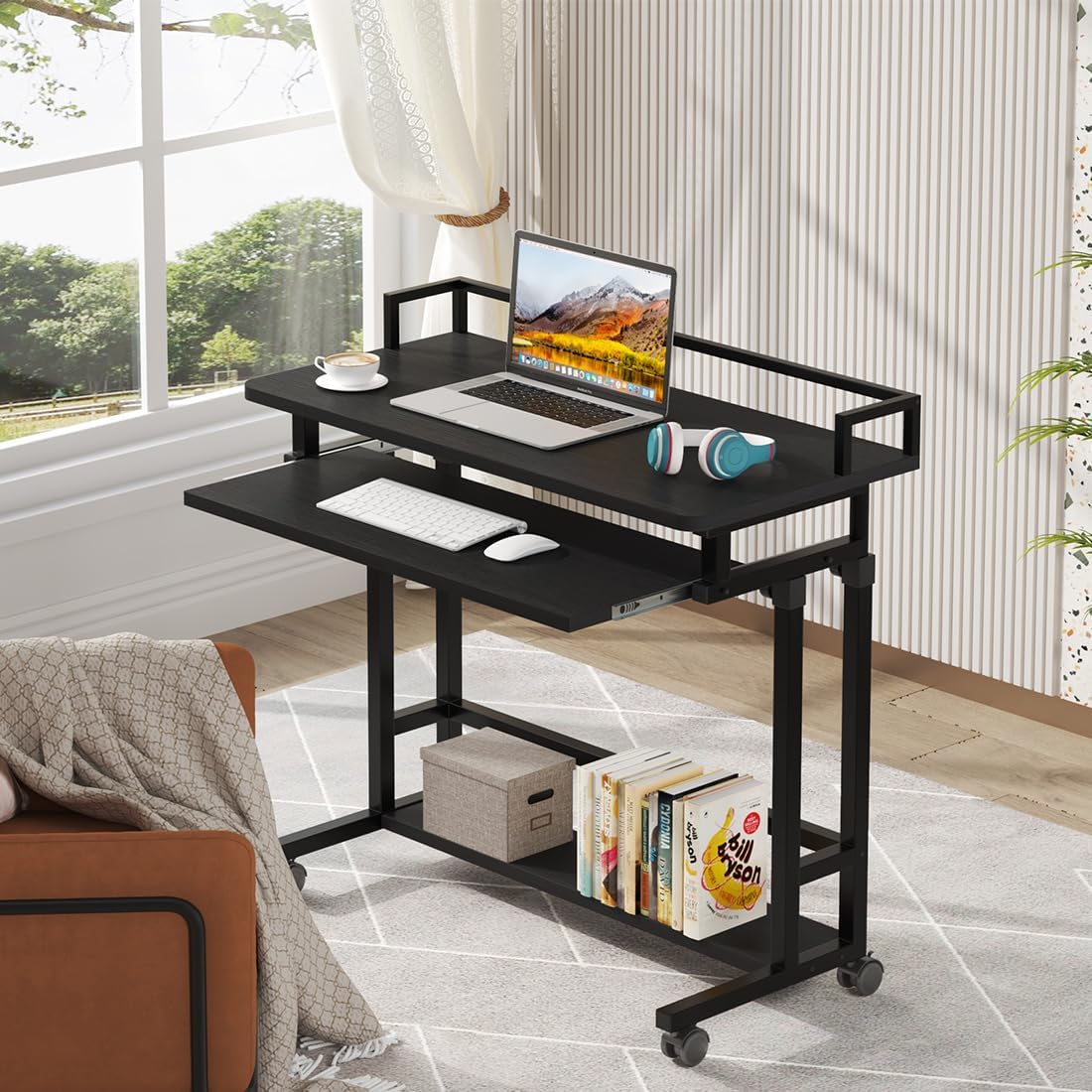 Rolling Height Adjustable Desk, Portable Standing Desk with Keyboard Tray