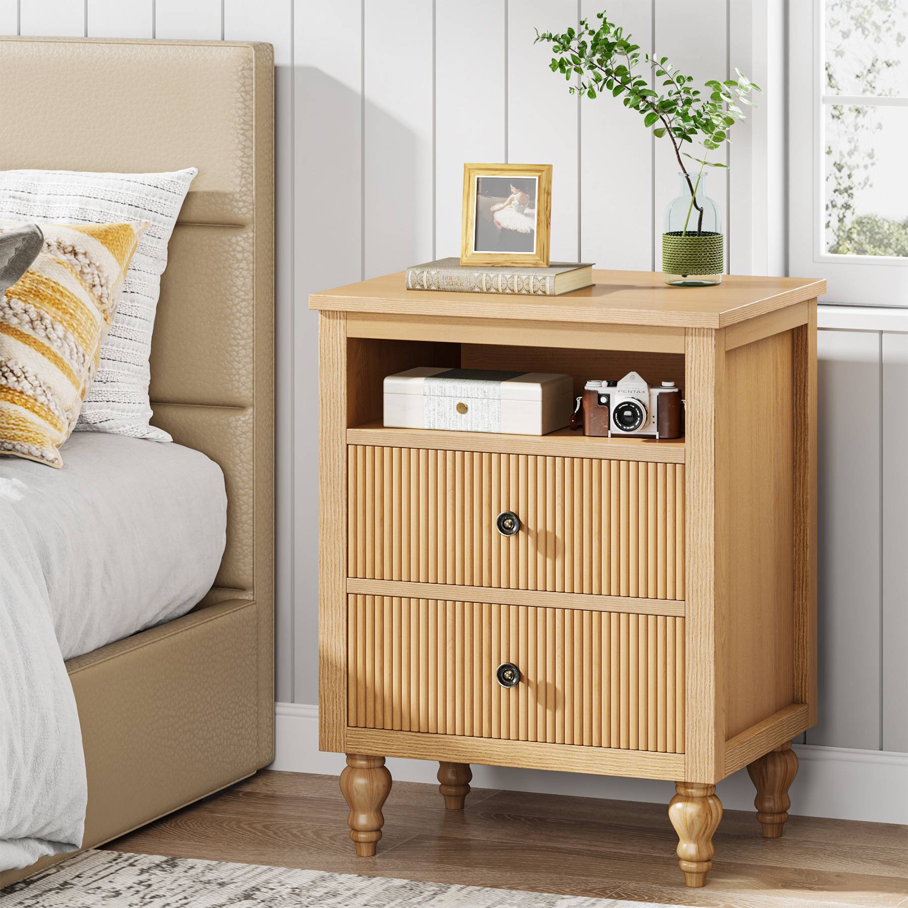 Wood Nightstand, 2 Drawers Sofa Side Table with Open Storage Space