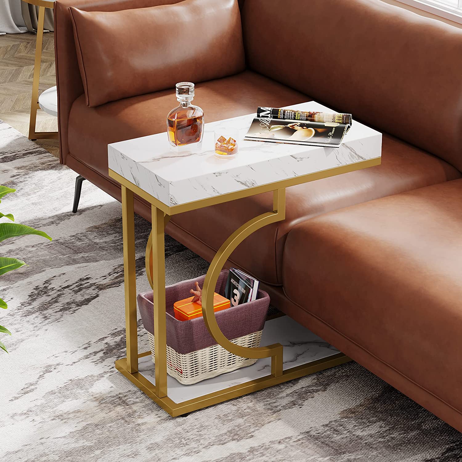 Narrow C Table, Modern End Table Bedside Table with Metal Frame