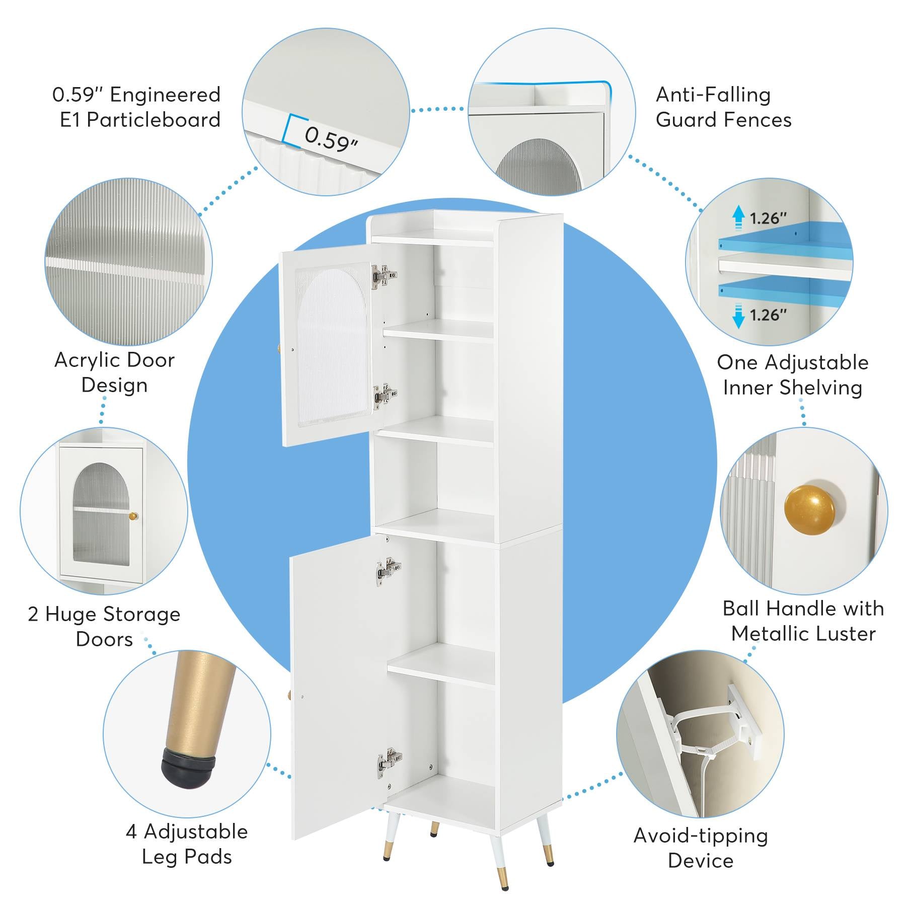 Narrow Storage Cabinet, 67’’ Bathroom Cabinet with 2 Doors and 6 Shelves