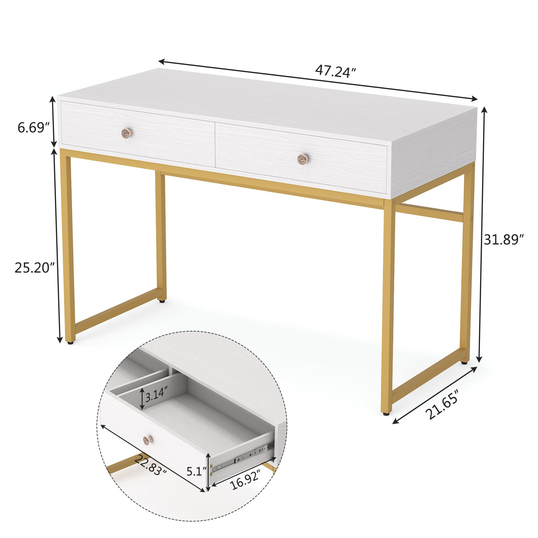 Modern Computer Desk with 2 Drawers, 47“ Simple Study Writing Desk