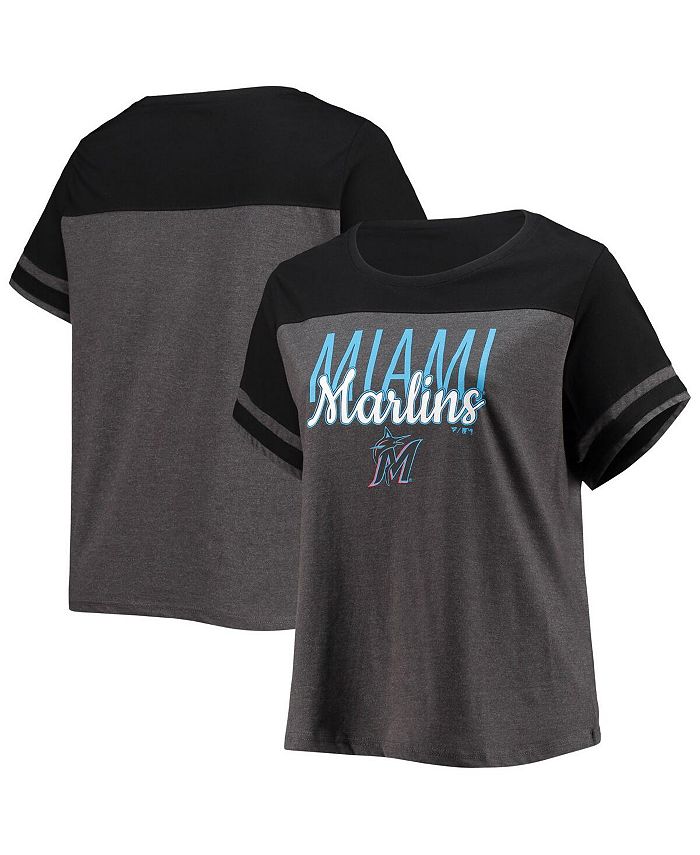 Women's Heathered Charcoal and Black Miami Marlins Plus Size Colorblock T-shirt