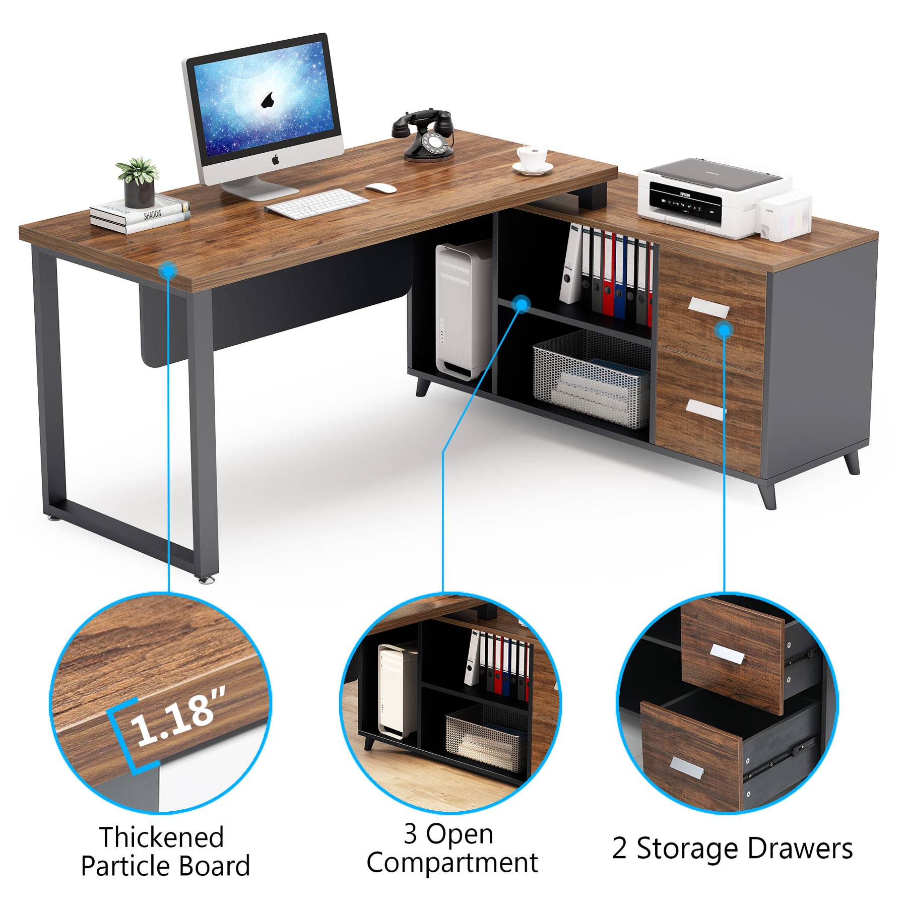 55 Inch L-Shaped Computer Executive Desk with 47 inch File Cabinet