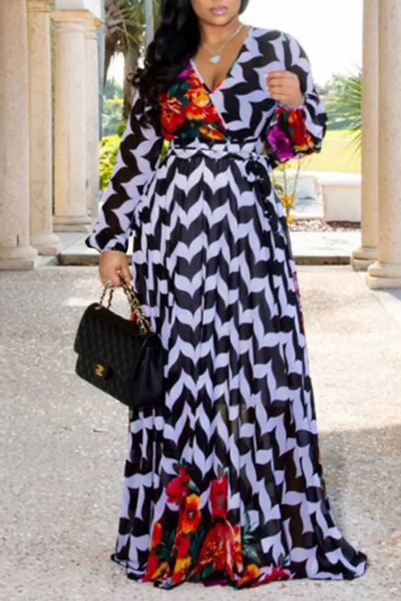 Plus Size Casual Chiffon Long Sleeve Printed Maxi Dresses