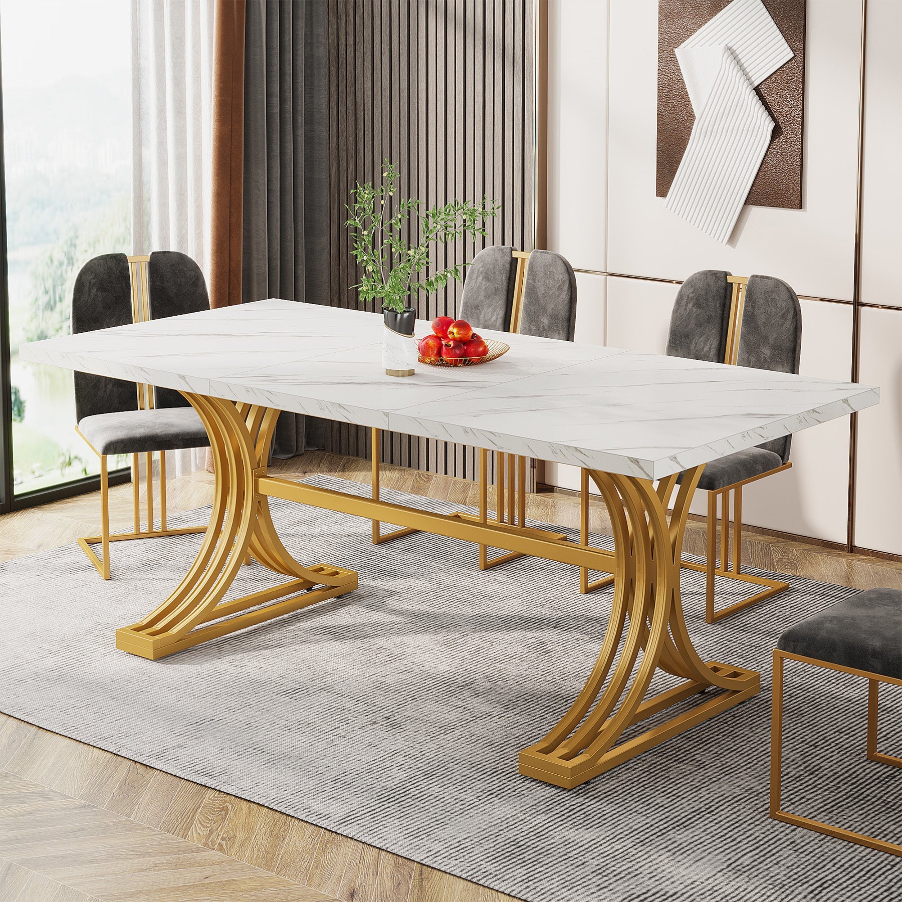 63'' Modern Dining Table with Faux Marble Tabletop & Metal Legs