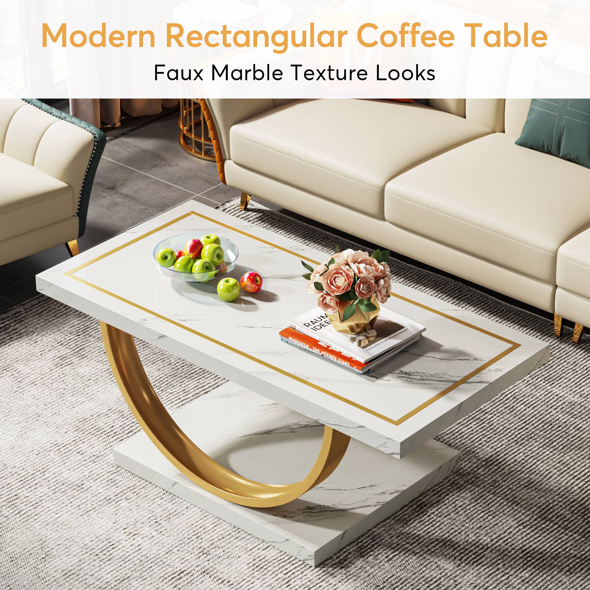 Modern Coffee Table, Mid Century Center Table with Faux Marble Veneer