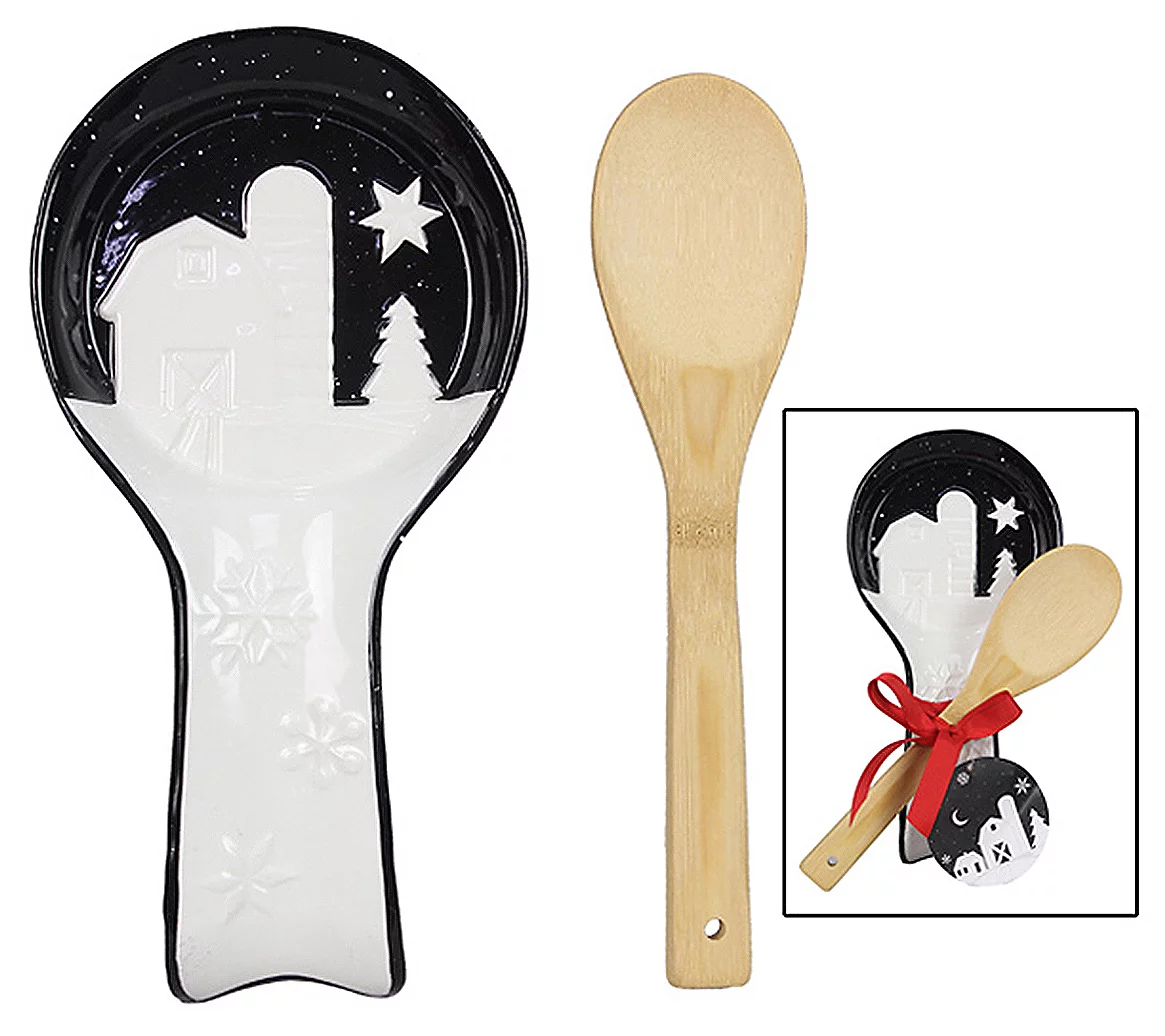 Young's Ceramic Country Christmas Spoon Rest wi th Wooden Spoo