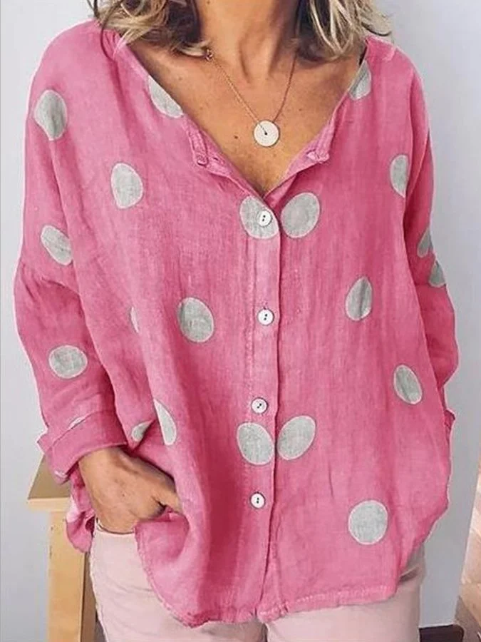 Ladies Cotton Linen Polka Dot Fashion V Neck Long Sleeve Printed Shirt