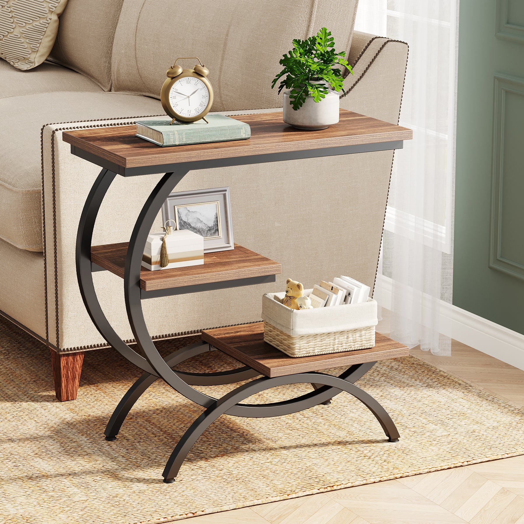 C-Shaped End Table, Industrial 3-Tier Side Table for Small Space