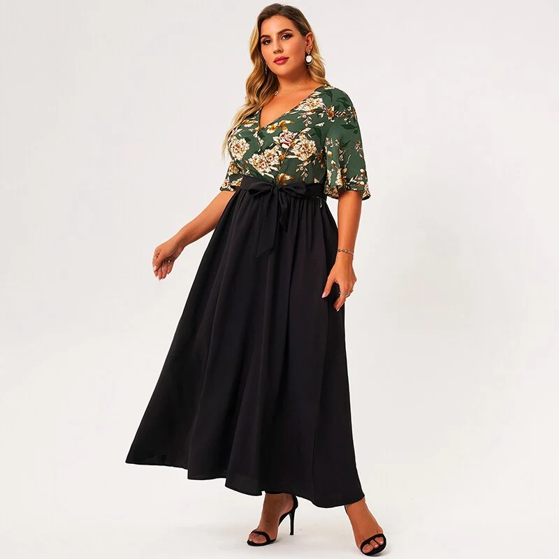 2021 New Summer Maxi Dress Women Plus Size Green Black Patchwork Floral Print Sashes Half Sleeve Vneck Holiday Casual Large Robe