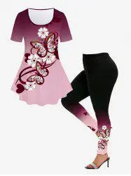 Butterfly Flower Printed Ombre Tee and Butterfly Flower Printed Ombre Leggings Plus Size Outfit